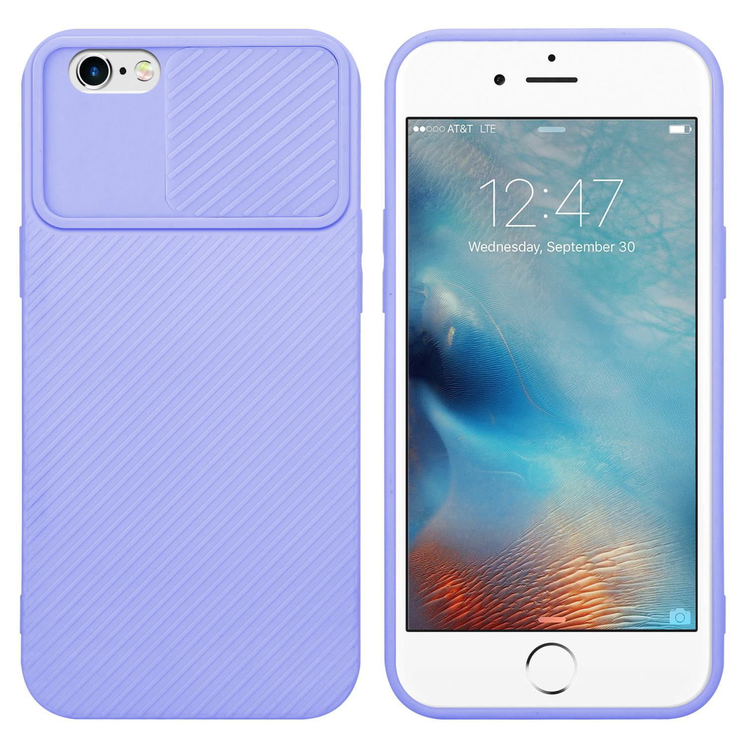 Lila Handyhülle mit Kameraabdeckung. Ein iPhone ist in der Hülle.