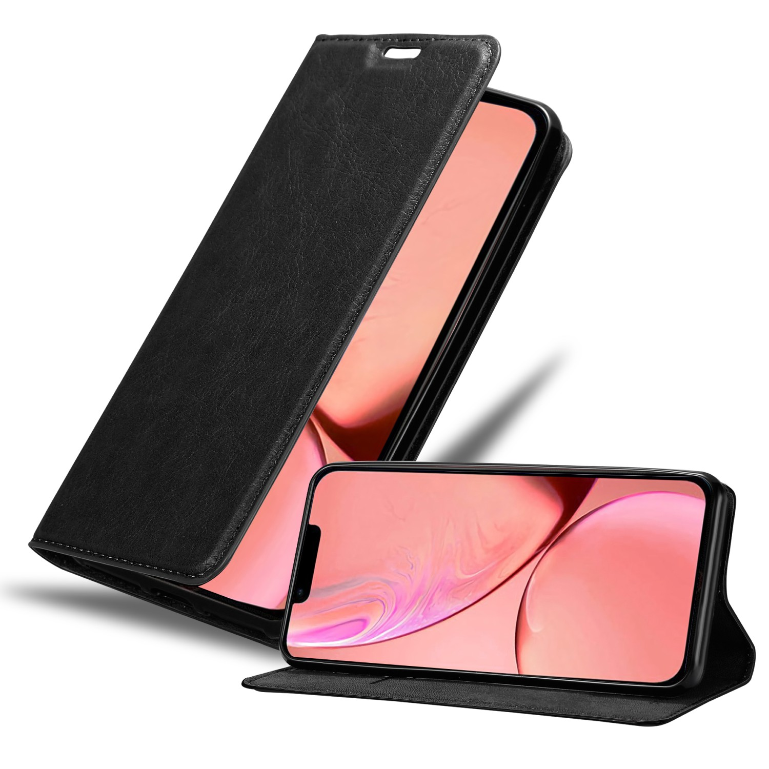Custodia per telefono nera con schermo aperto, che mostra un telefono con sfondo rosa.