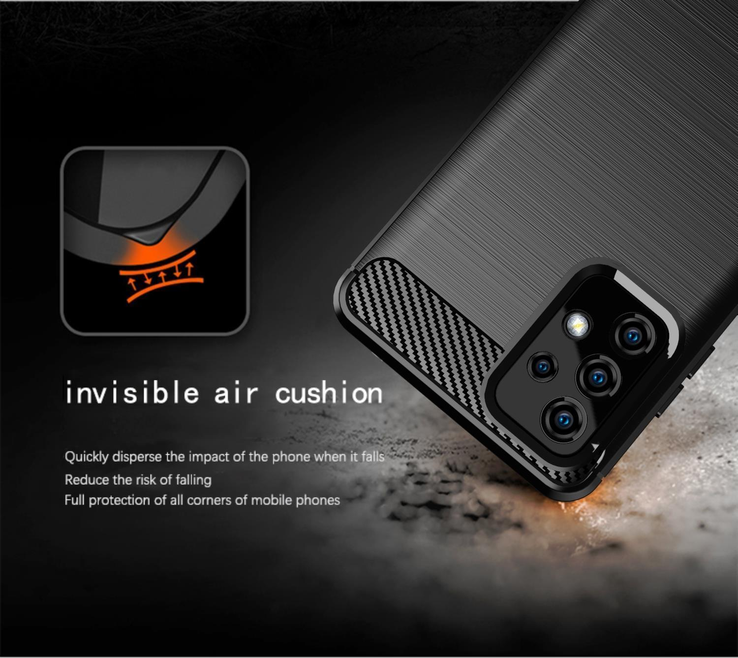 Eine schwarze Handyhülle mit strukturierter Rückseite. Die Hülle hat einen Kameraausschnitt und Text mit 'invisible air cushion'.