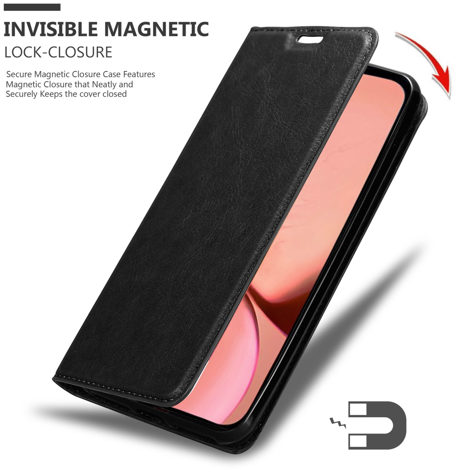 Custodia nera per telefono, aperta, con chiusura magnetica, che mostra il telefono.