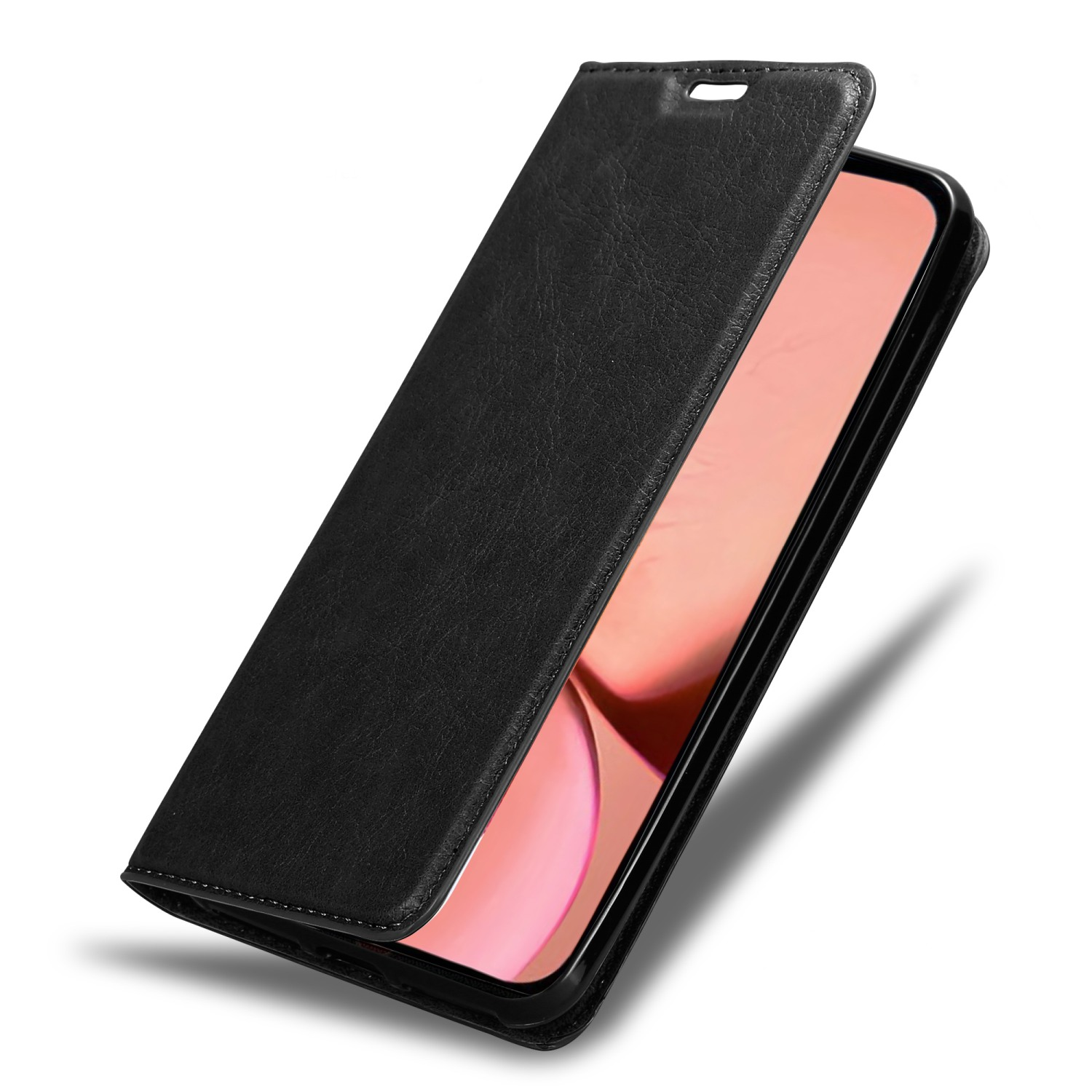 Una custodia per telefono nera si apre per rivelare lo schermo di un telefono. La custodia ha una trama in pelle.