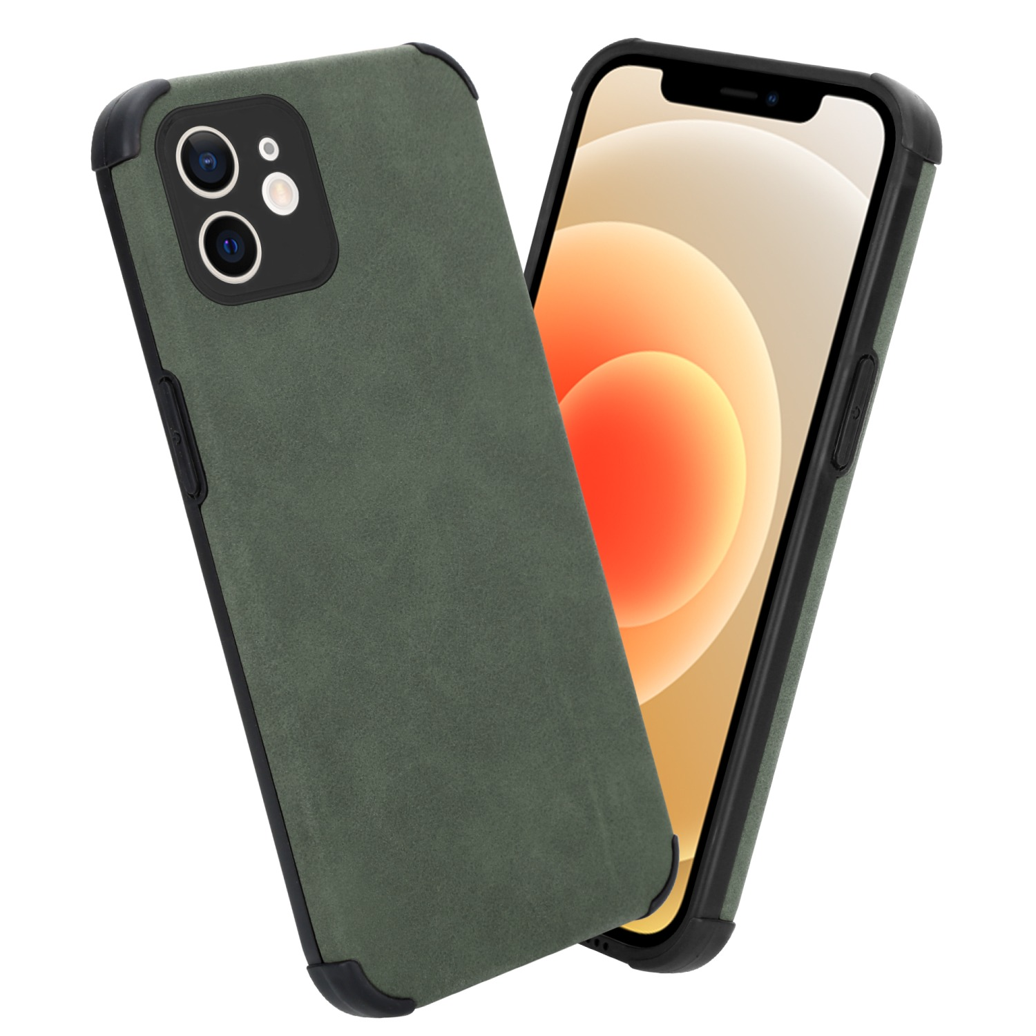 Zwei Handyhüllen: eine grüne, eine schwarze, angewinkelt und das iPhone zeigend.