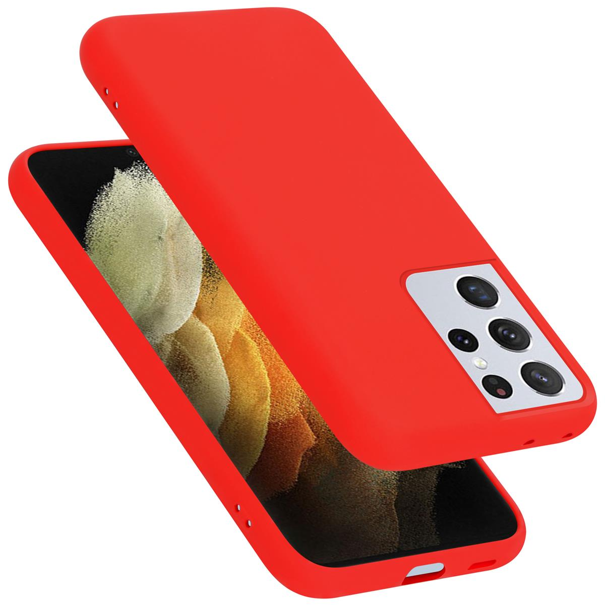 Rote Handyhülle mit einem roten Telefon. Die Hülle ist geöffnet und zeigt die Rückseite des Telefons.