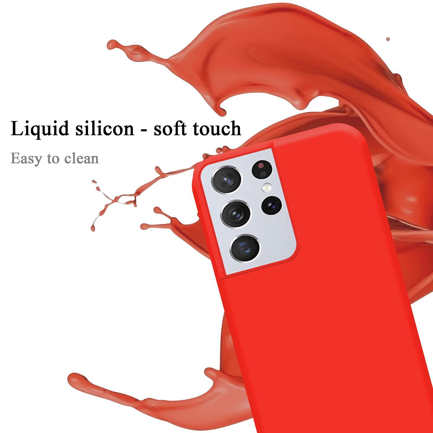 Rote Handyhülle. Weißer Hintergrund. Silikonhülle mit drei Kameras. Flüssigsilikon - Soft-Touch.