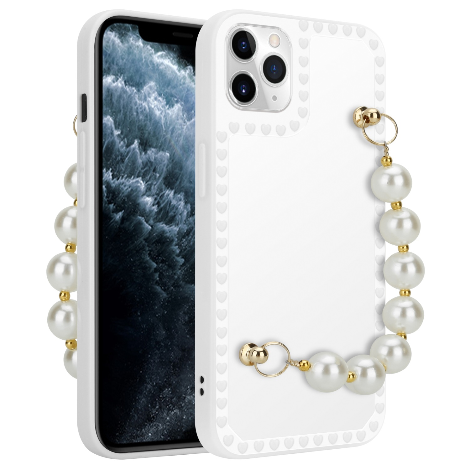 Weiße Handyhülle mit Perlenband. Die Hülle hat ein Herzdesign. Telefon mit schwarzem Bildschirm.