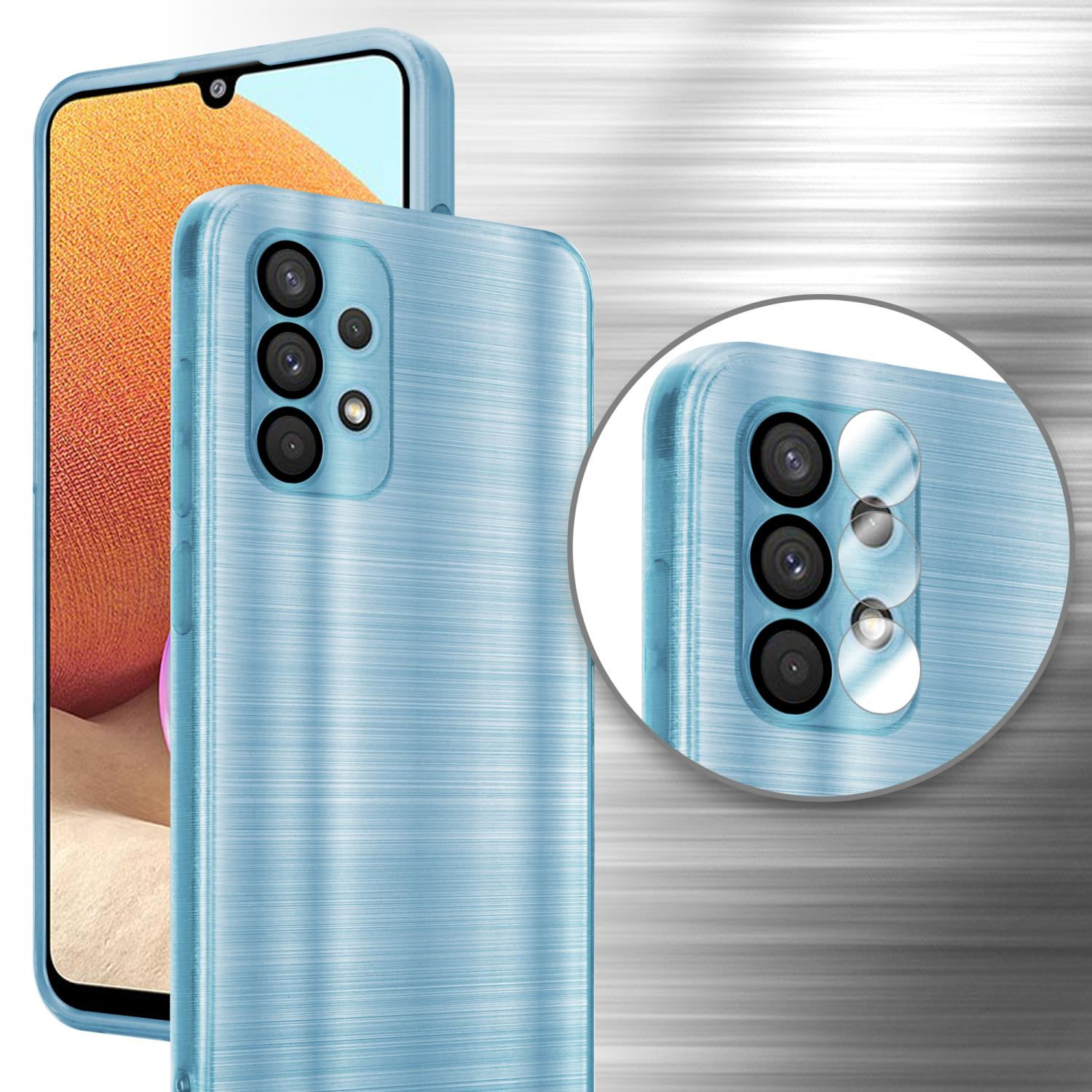 Una custodia blu per telefono con un telefono all'interno. La custodia del telefono ha una trama metallica con fotocamere.
