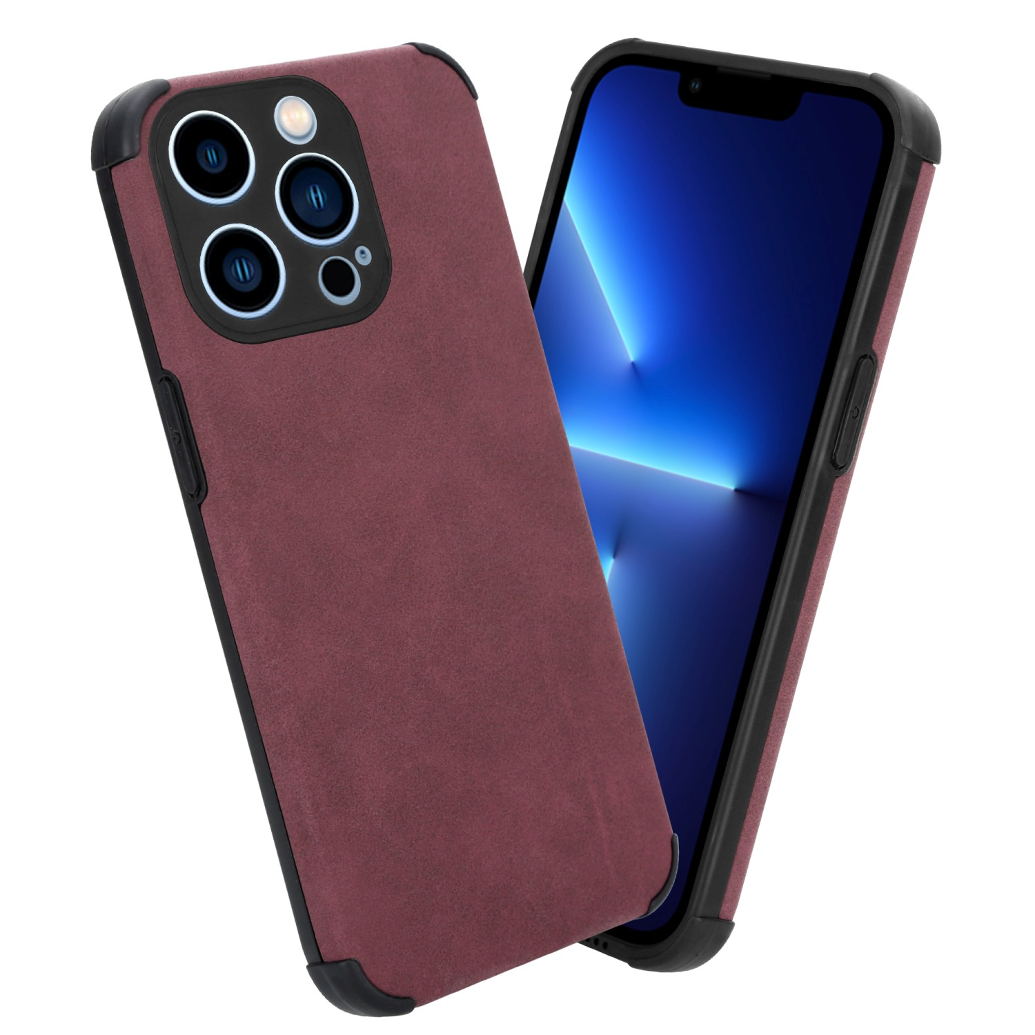 Handyhülle mit weinrotem Wildleder, schwarze Kanten. Telefon ist blau.