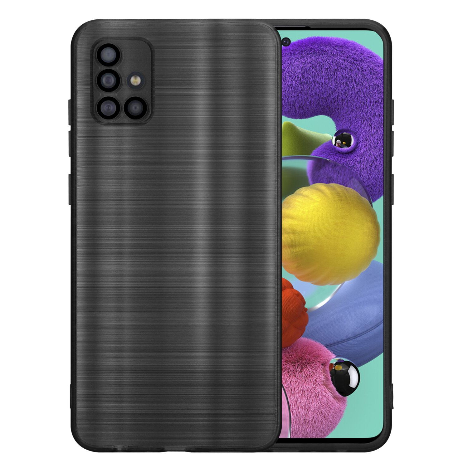 Una custodia per telefono nera con una superficie strutturata. La custodia è su un telefono con uno schermo colorato. Lo sfondo è bianco.