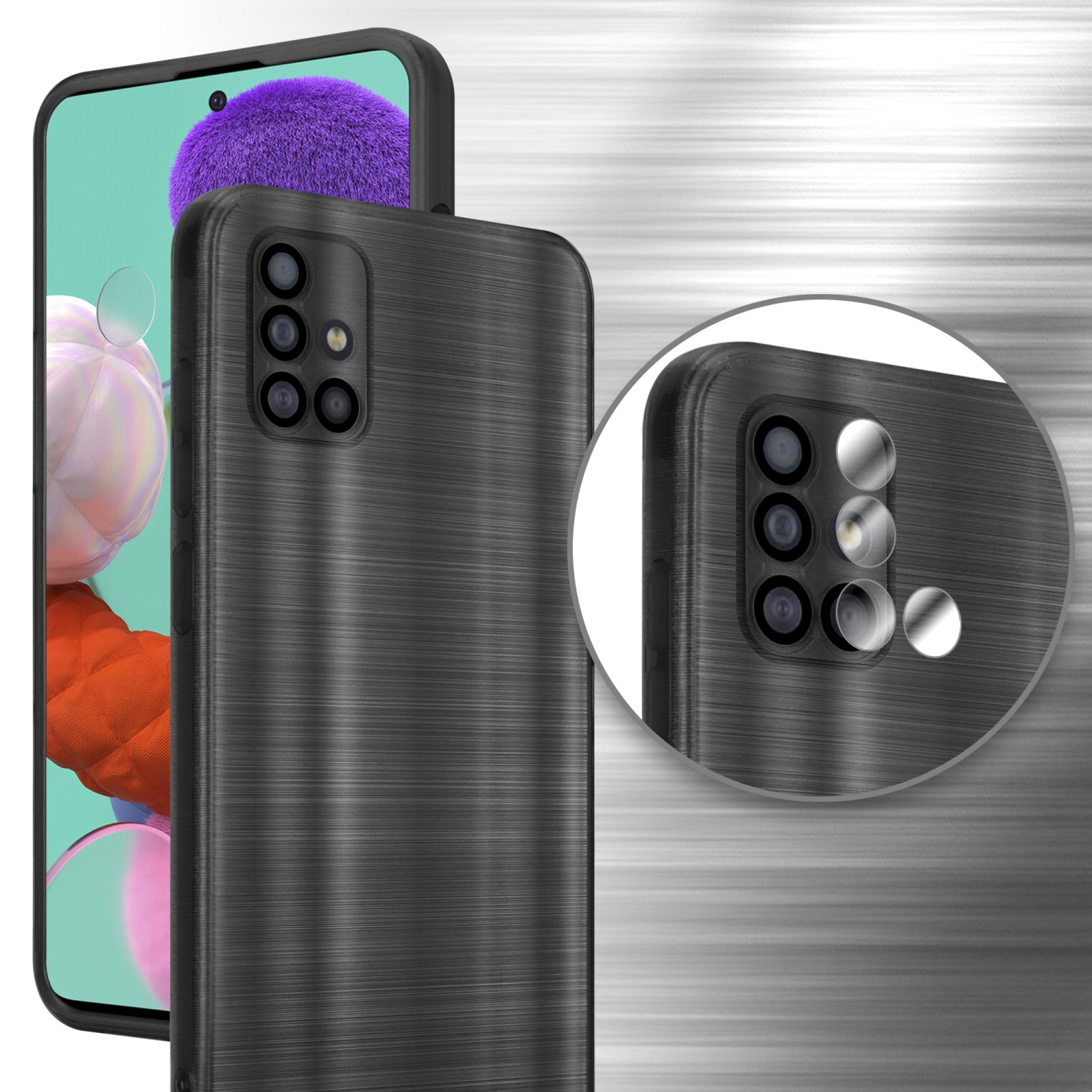 Custodia nera per telefono con effetto metallo spazzolato, che mostra l'area della fotocamera e il telefono.