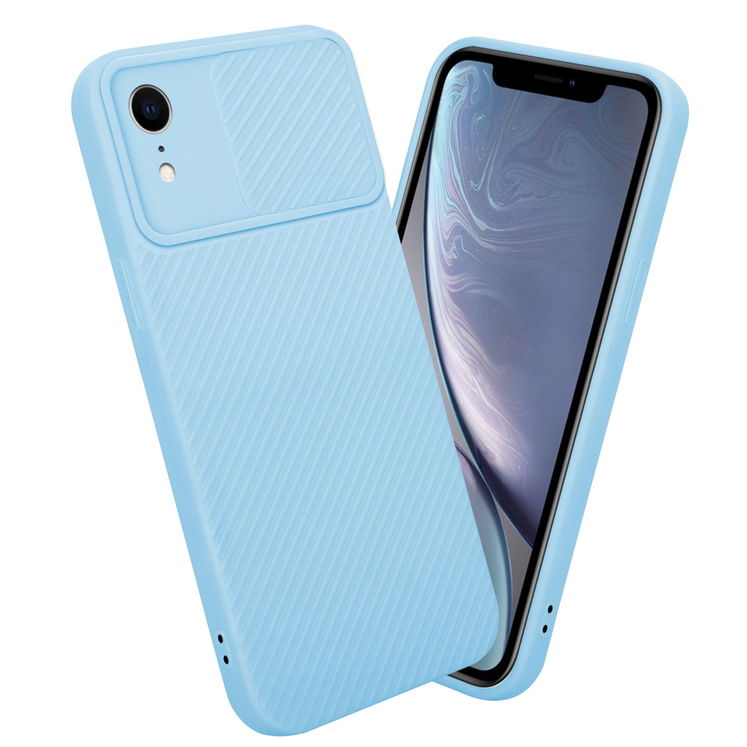 Hellblaue Handyhülle mit Kameraabdeckung, neben einem Telefon. Weißer Hintergrund.