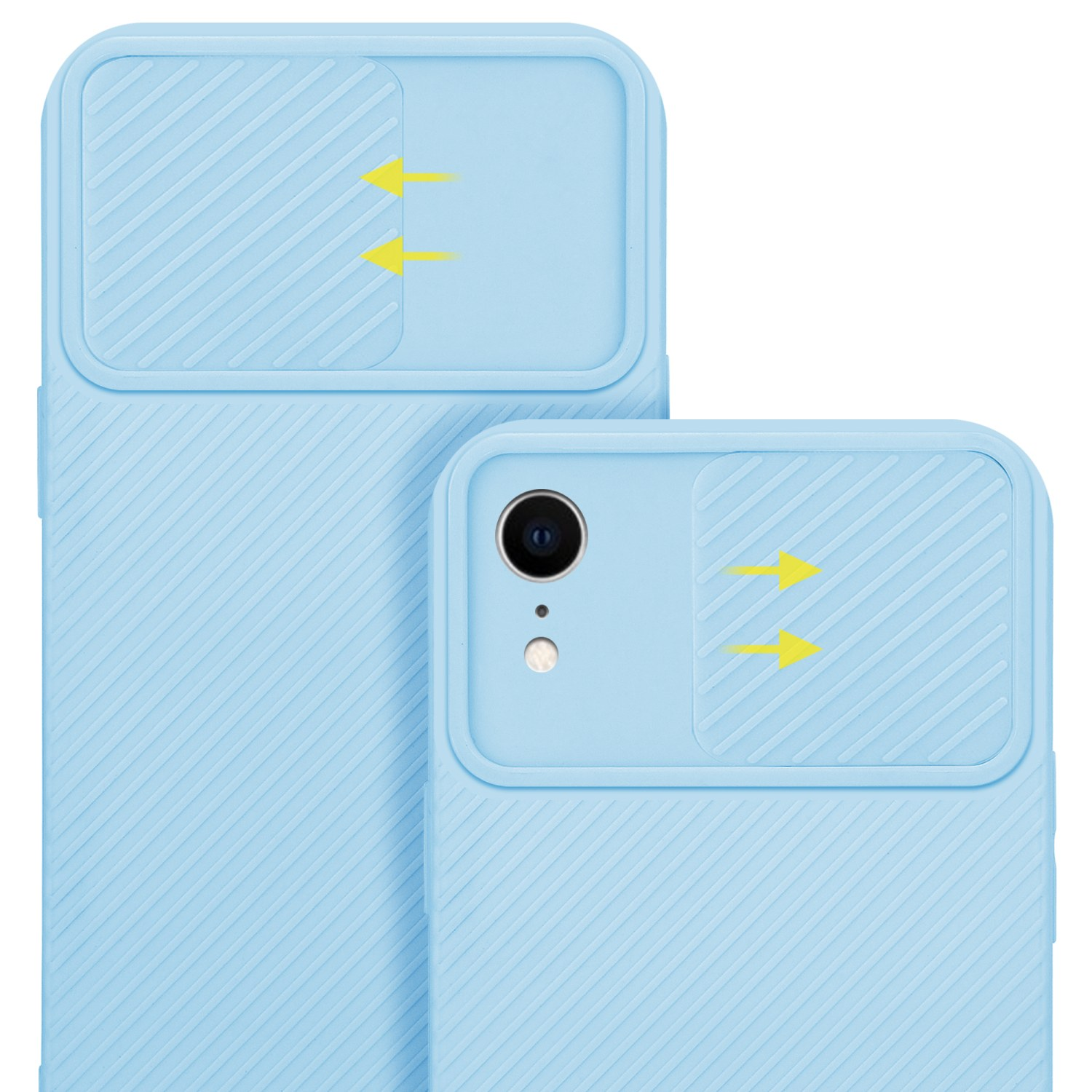 Zwei hellblaue Handyhüllen. Die Hüllen haben ein strukturiertes Design und eine Kameraabdeckung.