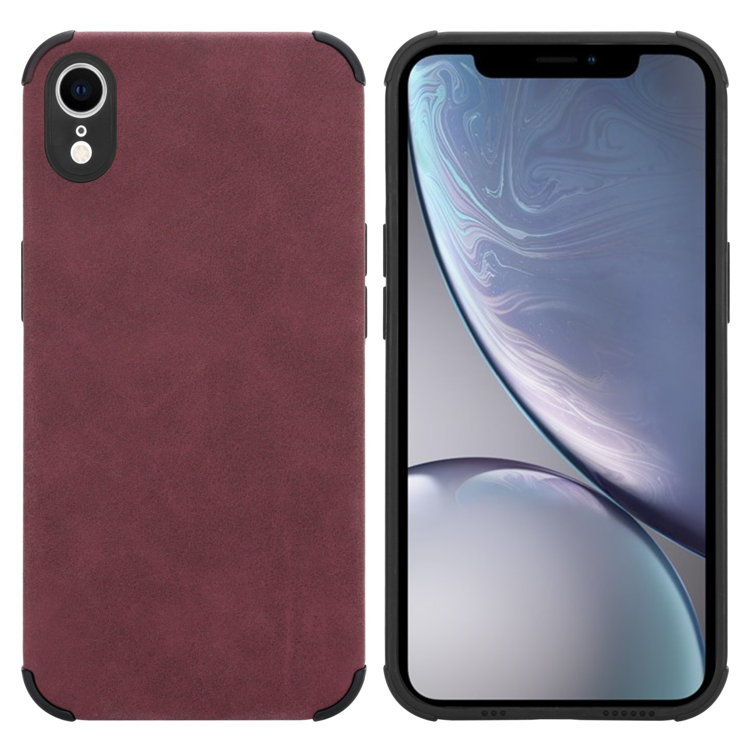 Handyhülle mit burgunderfarbener Lederstruktur. Die Hülle ist links und die Rückseite rechts.