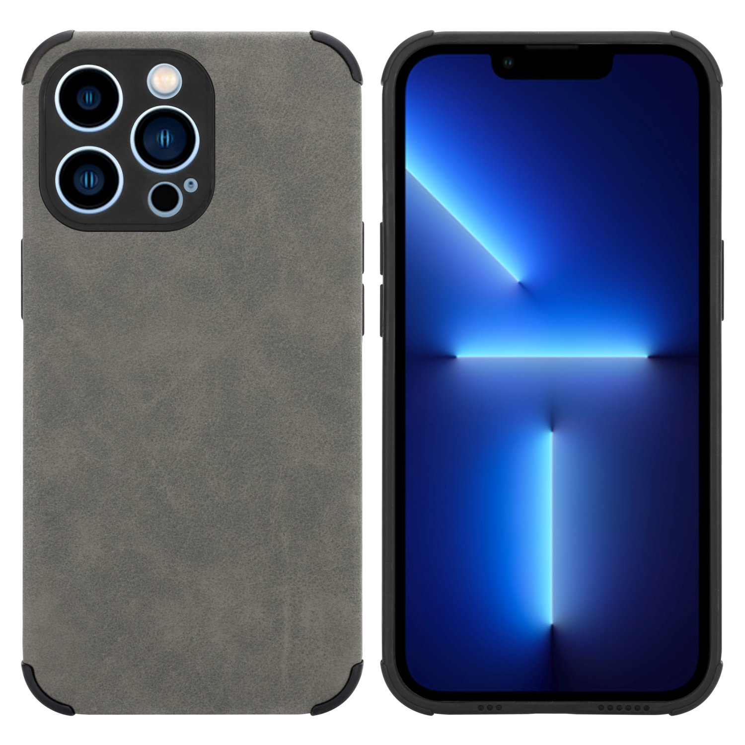 Zwei Ansichten einer grauen Handyhülle, mit einem Telefon darin, auf weißem Hintergrund.