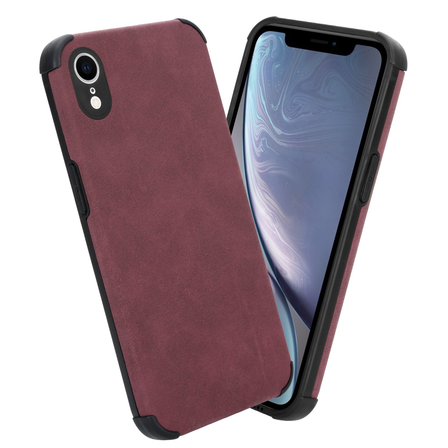 Burgunderfarbene Handyhülle mit schwarzen Rändern, abgewinkelt, und ein iPhone XR, das den Bildschirm zeigt.
