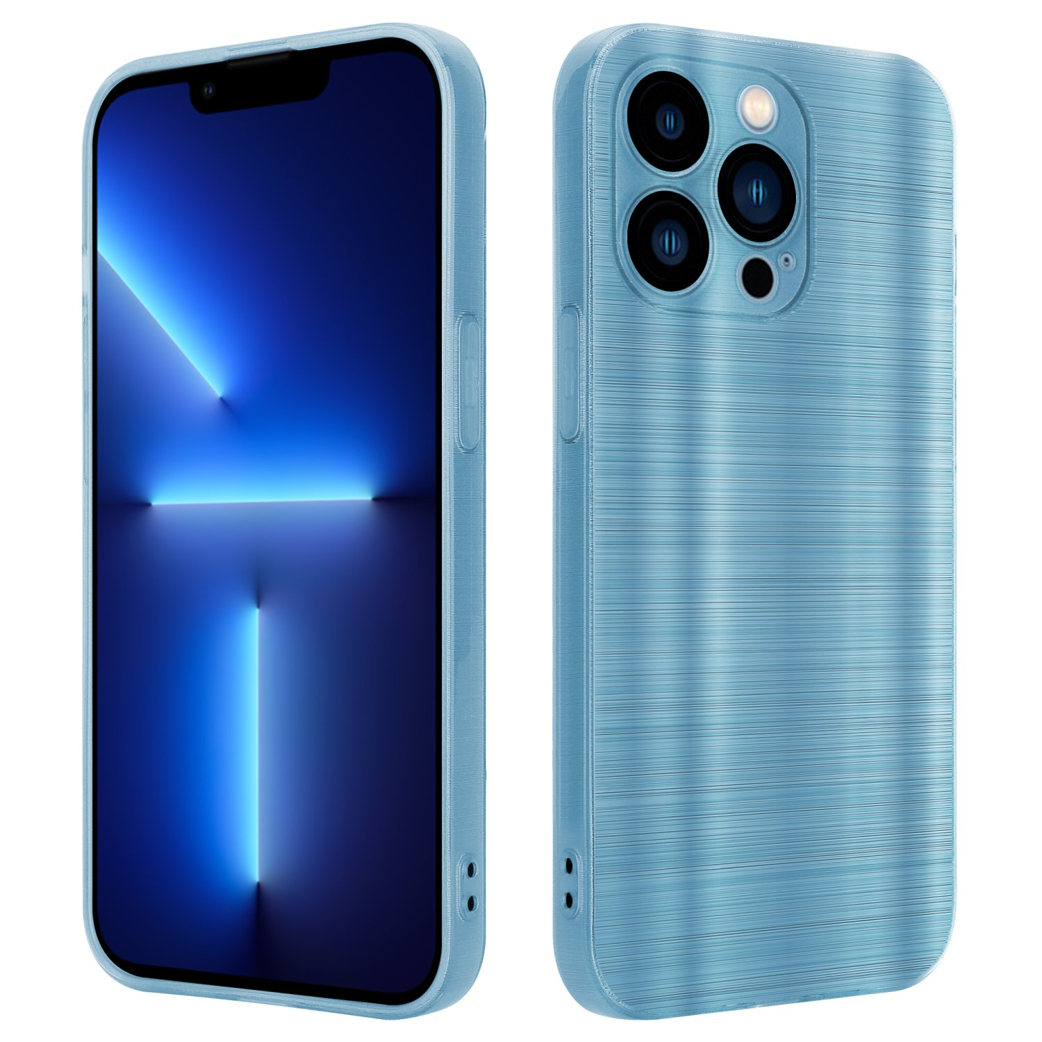 Funda de teléfono azul claro. La funda tiene una textura rayada. El teléfono muestra una imagen azul.