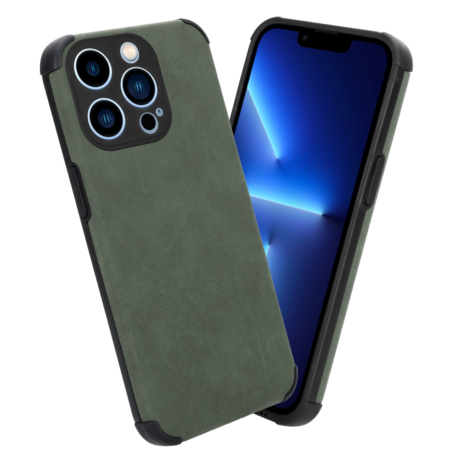 Grüne Handyhülle, die ein Telefon schützt. Das Telefon hat einen schwarzen Bildschirm mit einer blauen Anzeige.