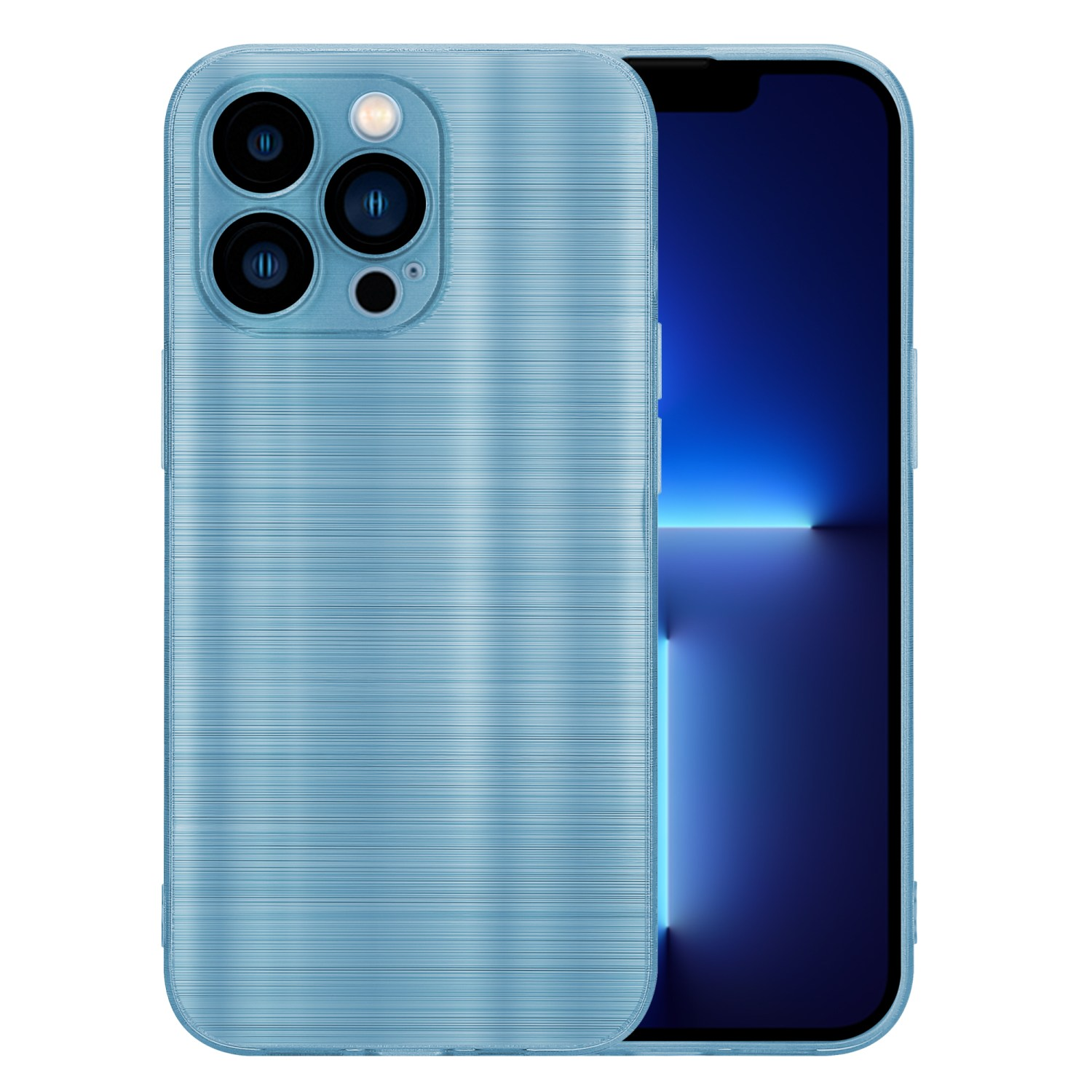 Funda de teléfono azul a la izquierda y una pantalla de teléfono a la derecha. La funda tiene tres cámaras.