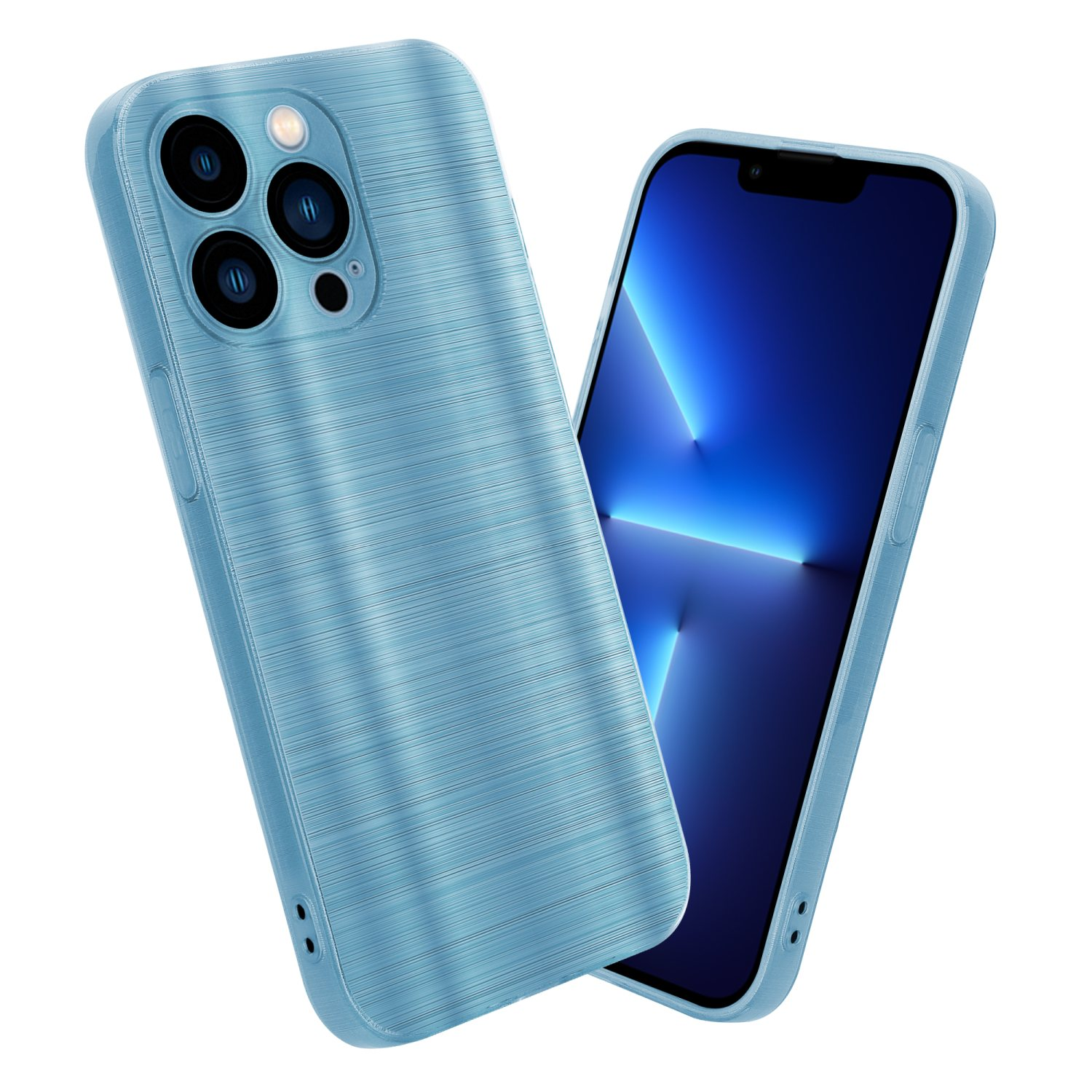 Funda de teléfono y teléfono azules, fondo blanco.