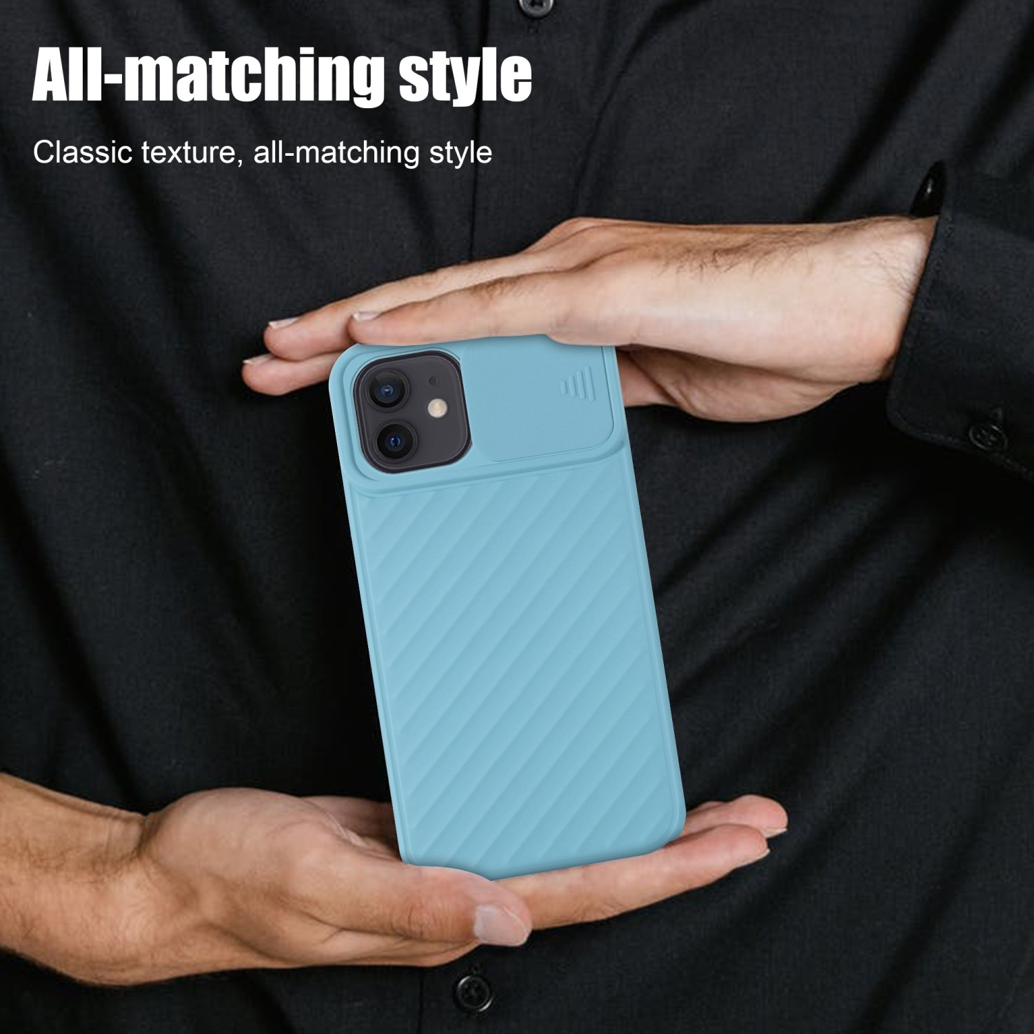 Eine Person, die eine hellblaue Handyhülle mit Kameraabdeckung hält. Text: 'All-matching style'.