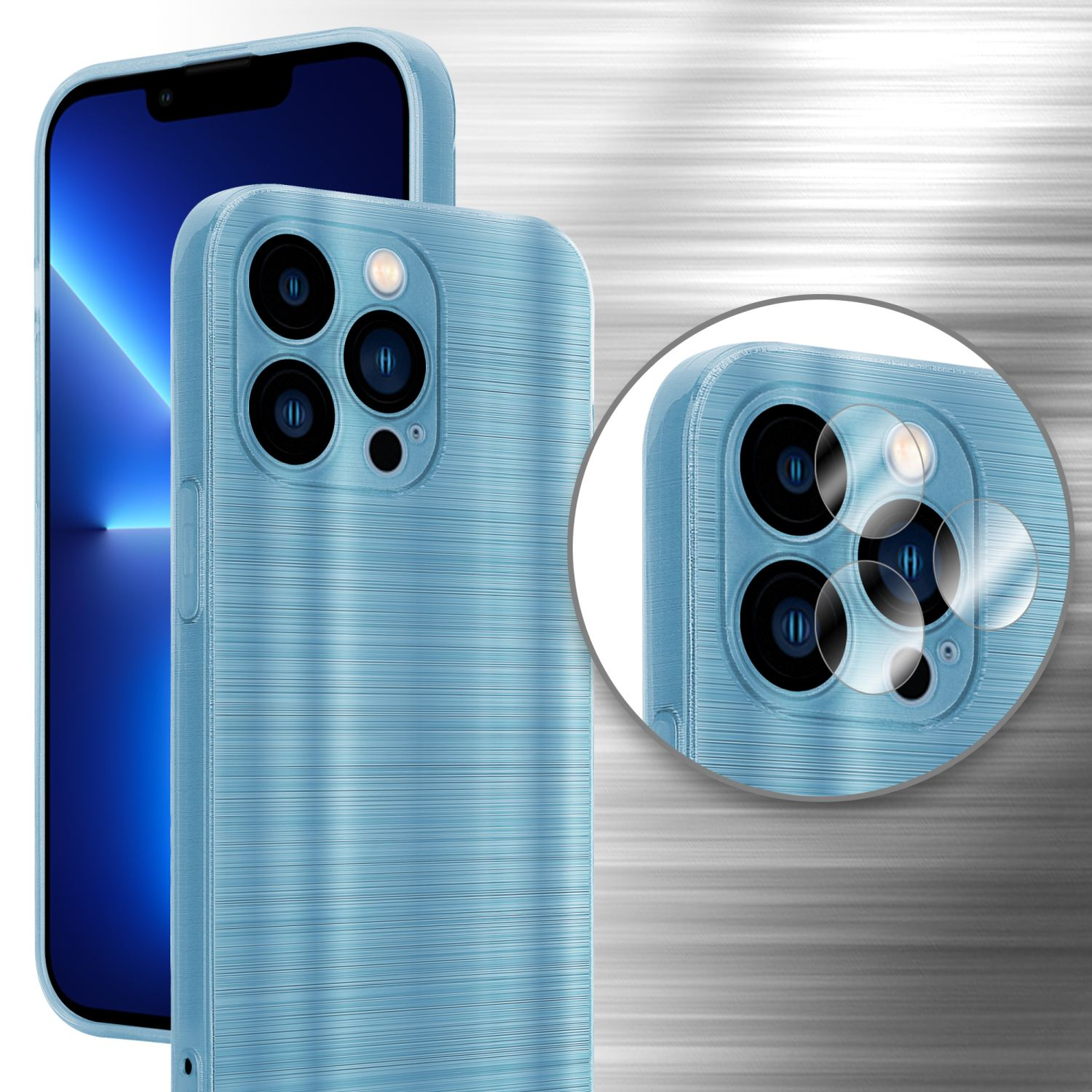 Una funda de teléfono azul claro está sobre una mesa. La funda está a la izquierda y un teléfono a la derecha.