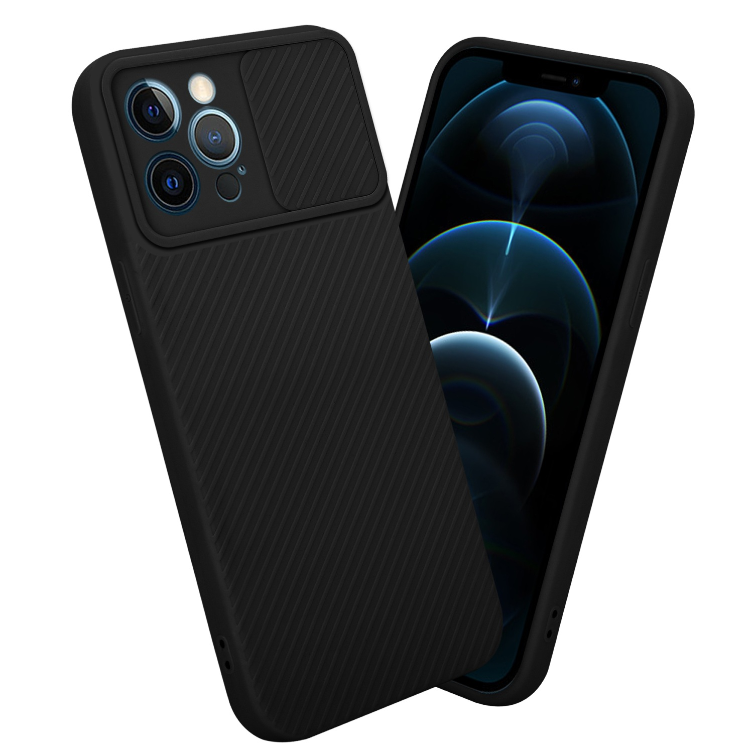 Schwarze Handyhülle mit Kameraabdeckung, schräge Ansicht. Telefon innen.