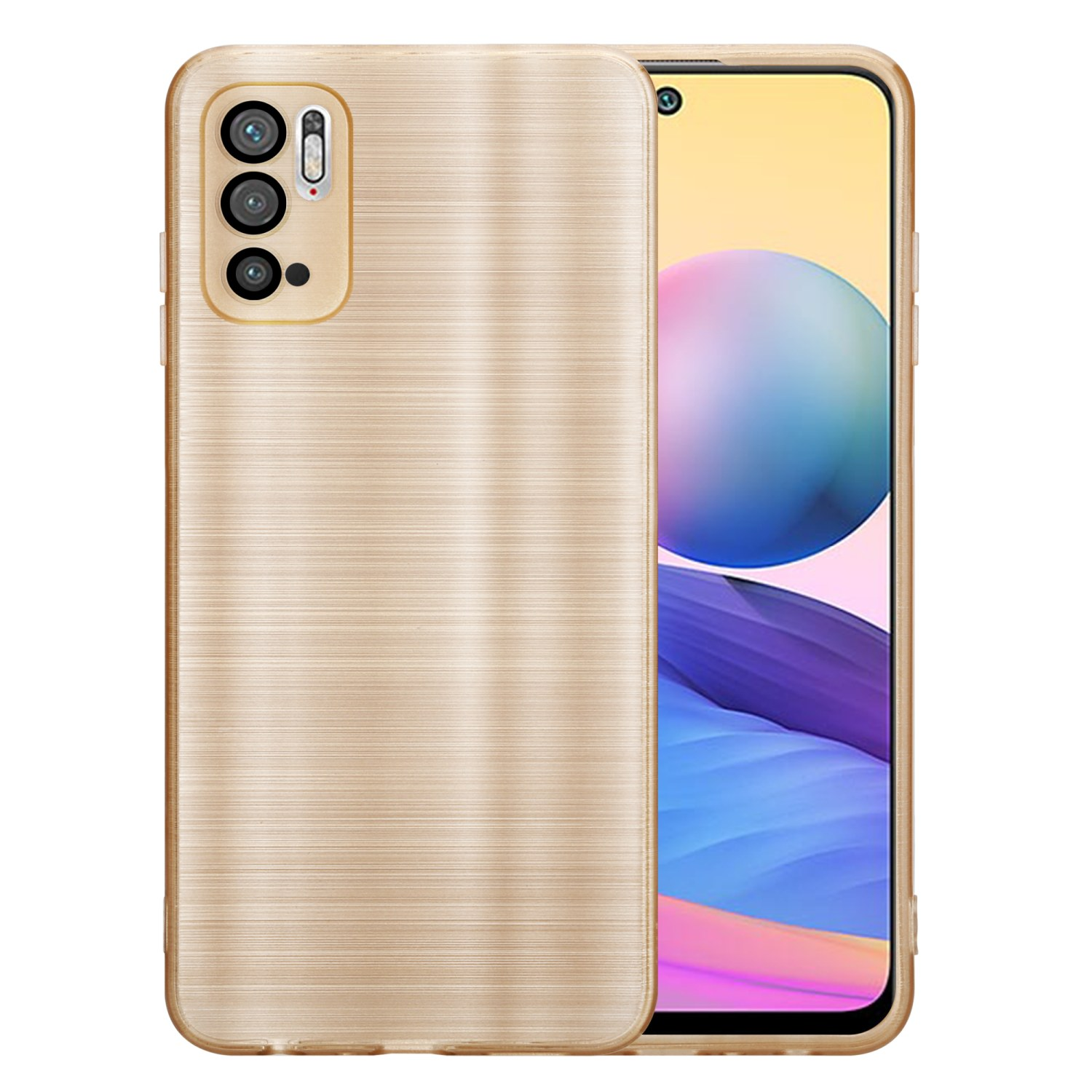 Custodia dorata per telefono con tre fotocamere. Lo schermo del telefono è visibile a destra.
