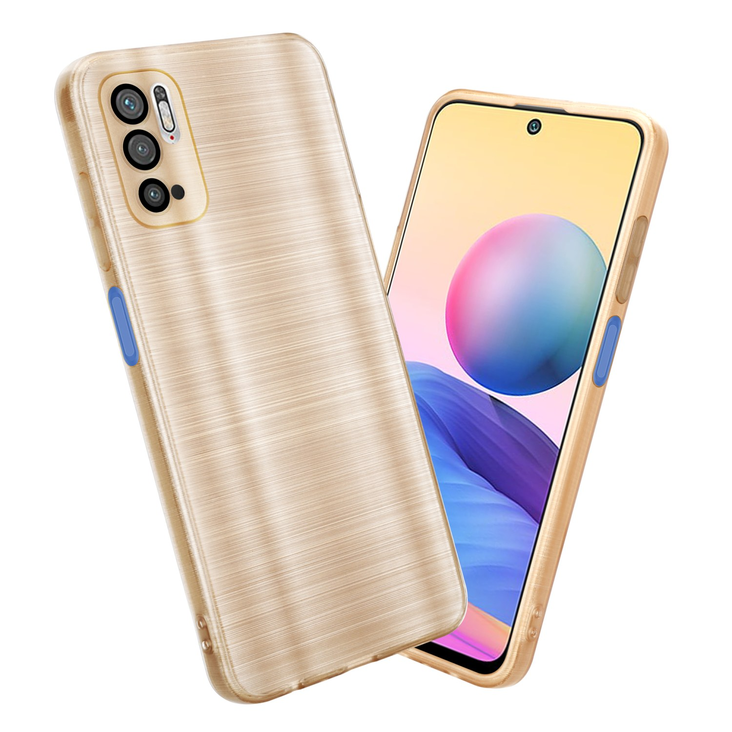 Custodia dorata con due telefoni. Uno dentro. Colore oro.