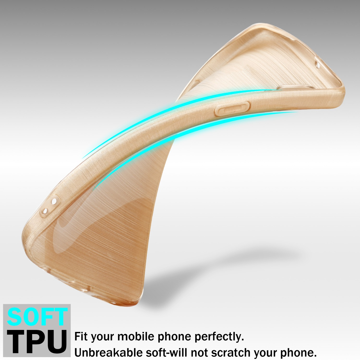 Una custodia dorata piegata per mostrare la sua flessibilità. Testo: SOFT TPU.