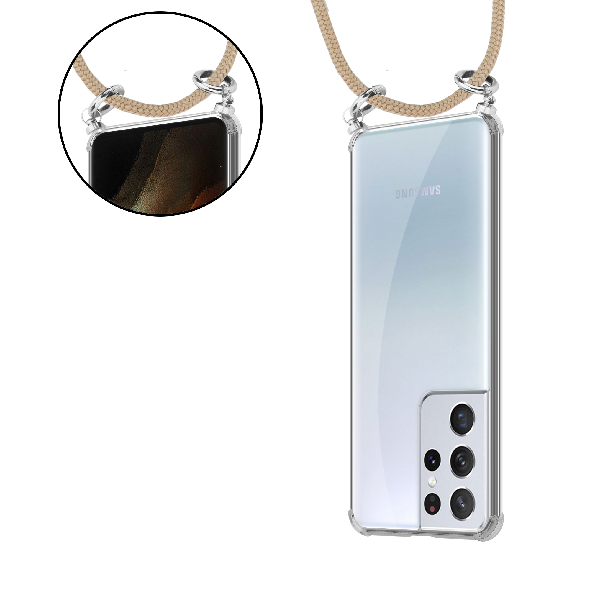 Custodia trasparente per telefono con cinturino in corda beige. Il telefono è un Samsung.