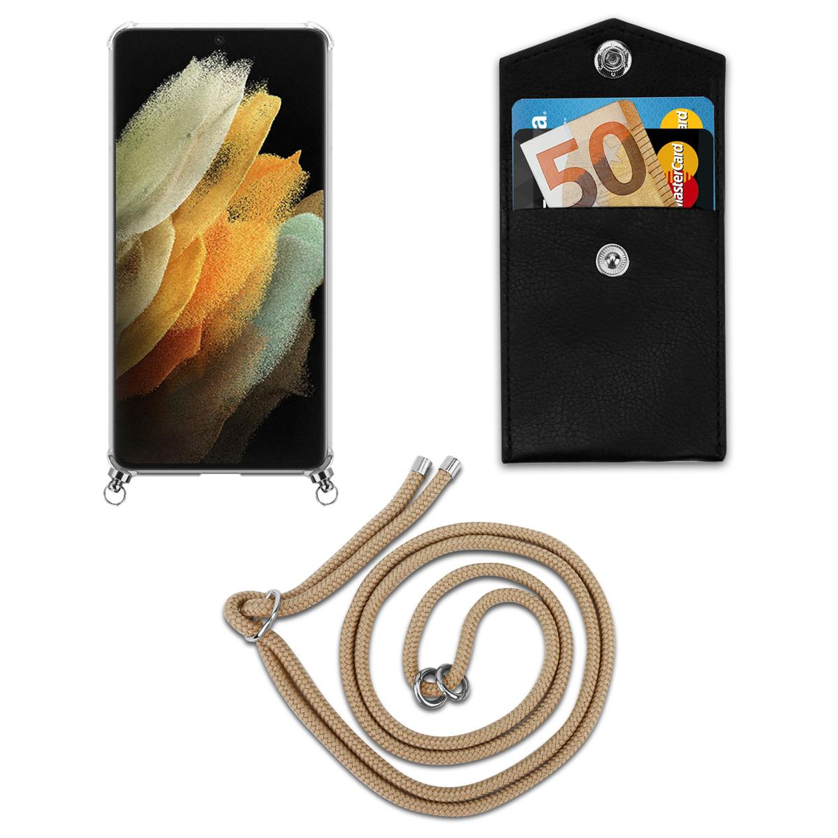Telefon mit Kordel, schwarzes Portemonnaie mit Karten und Geld. Weißer Hintergrund.