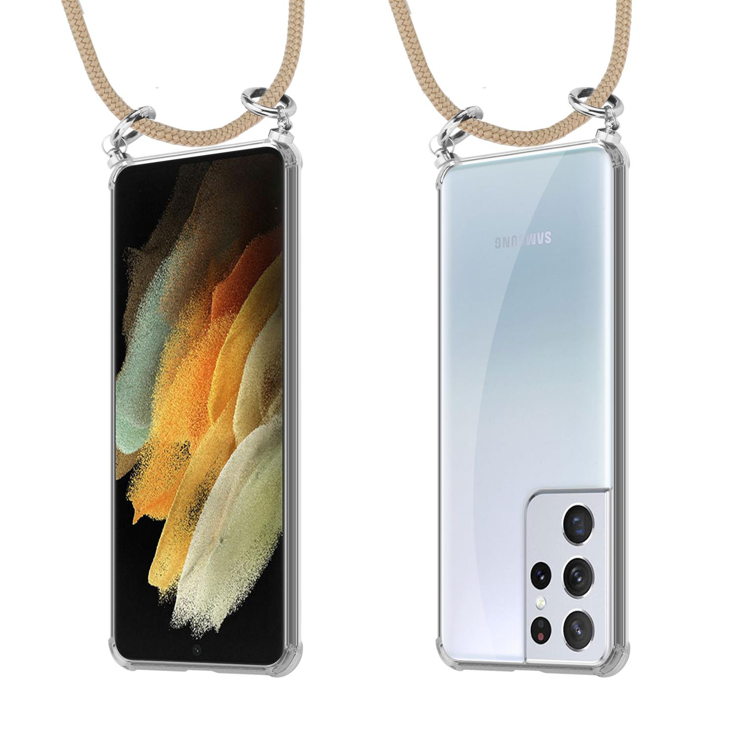 Zwei Telefone mit transparenten Hüllen und Lanyards. Die Lanyards sind hellbraun. Die Telefone sind sichtbar.