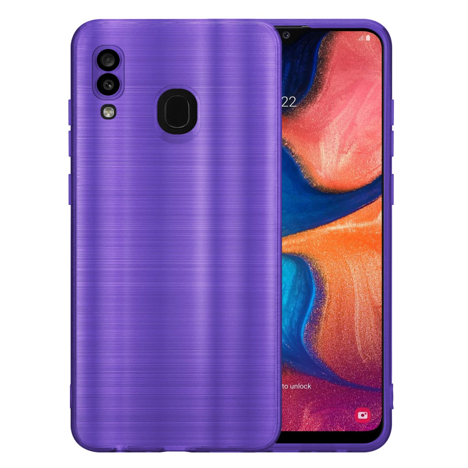 Custodia viola strutturata per telefono, due fotocamere e schermo nero.