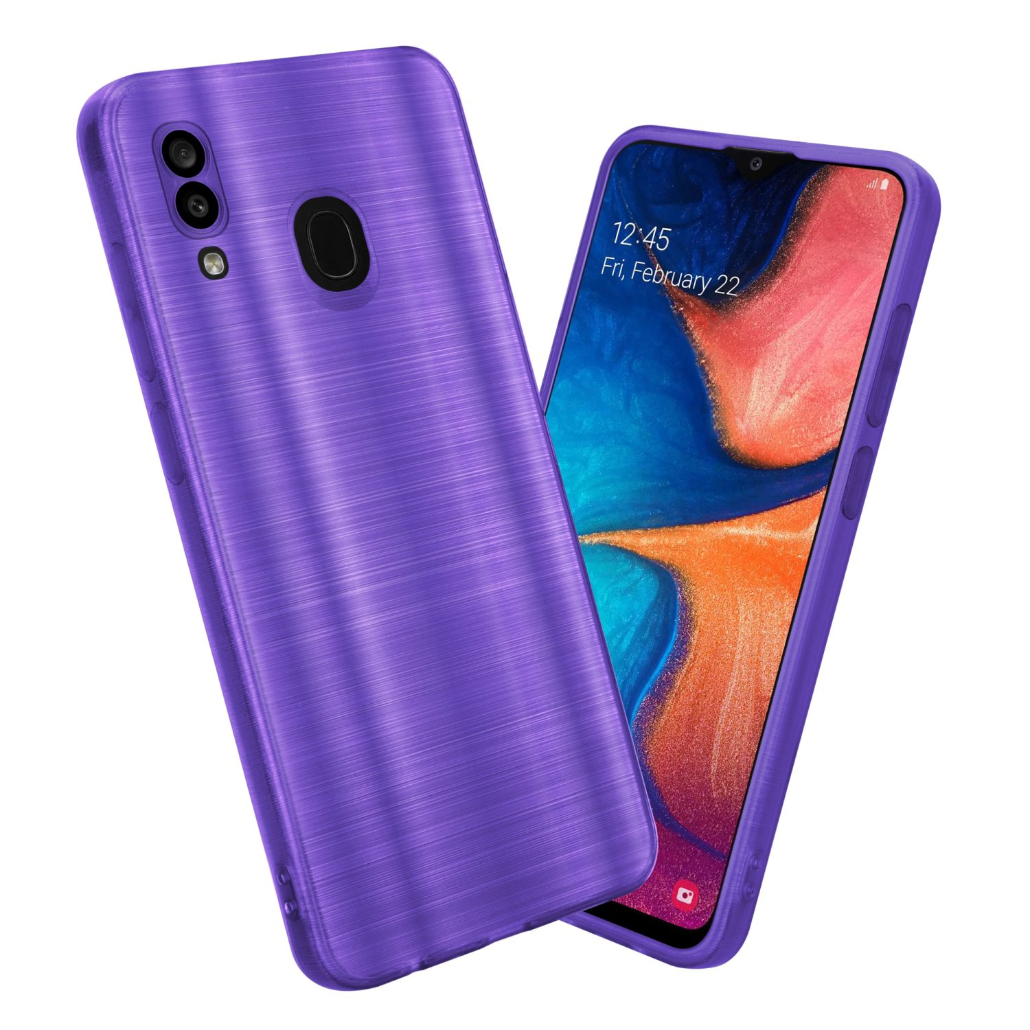Due custodie per telefoni viola. Una custodia copre un telefono con uno schermo che mostra un'app.