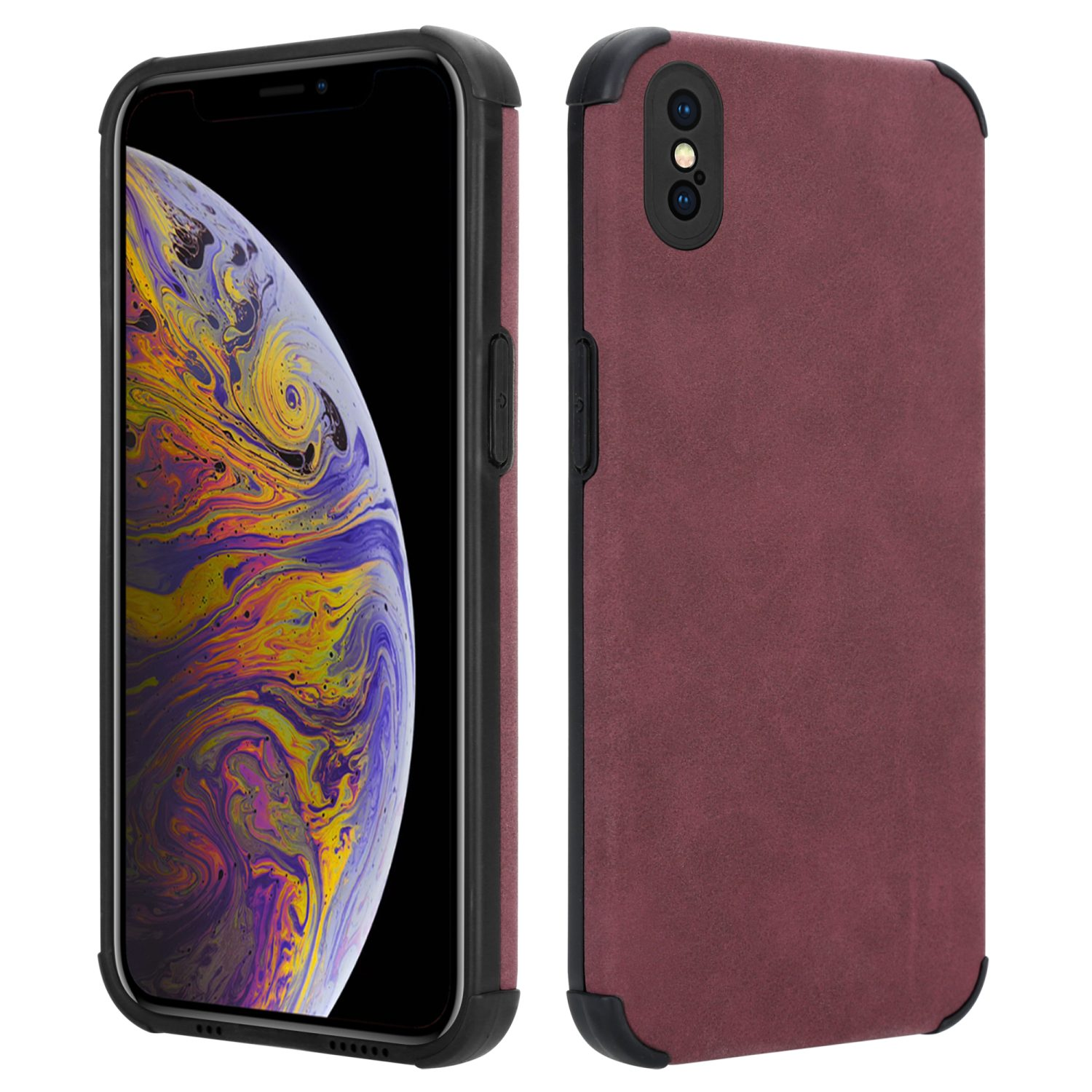 Rote Handyhülle mit schwarzen Rändern, Telefon. Weißer Hintergrund.