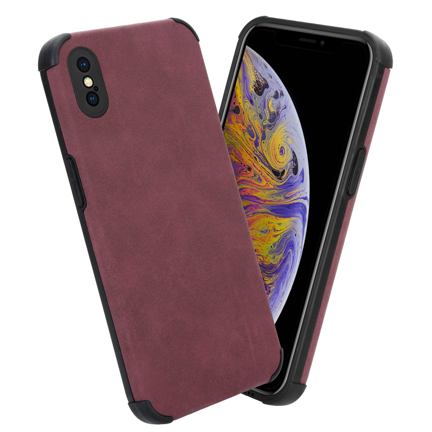 Handyhülle mit weinrotem Wildleder, schwarze Kanten. Telefon ist schwarz.