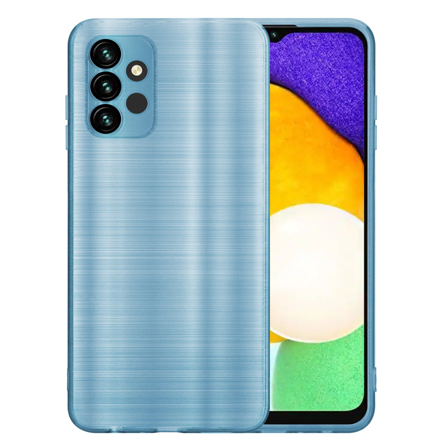 Una custodia per telefono azzurra con una fotocamera e un telefono sul lato destro.
