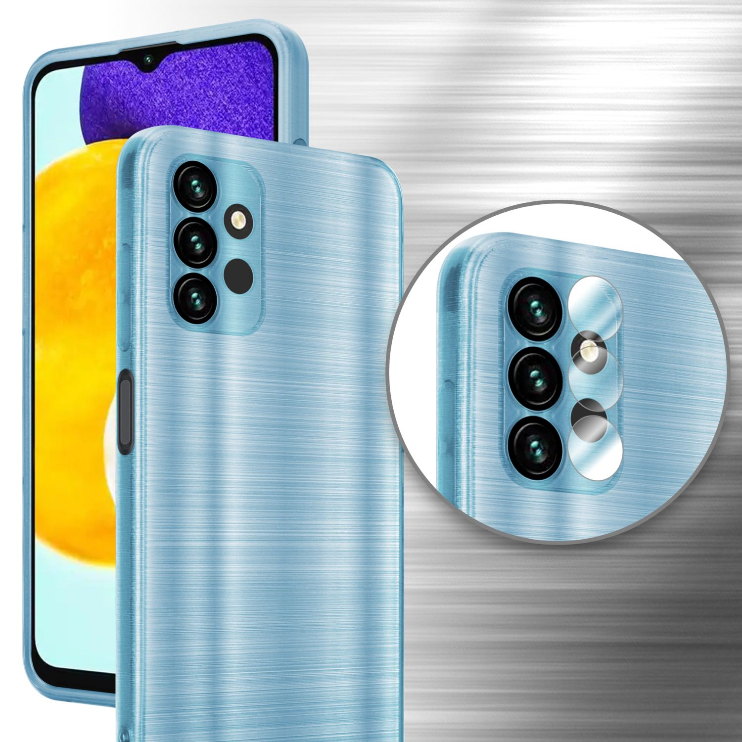 Due custodie per telefono azzurre. Una è in posizione verticale, l'altra mostra l'area della fotocamera in primo piano.