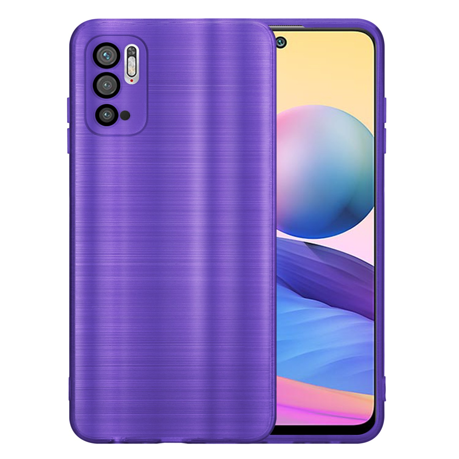 Custodia per telefono viola con superficie strutturata. Il telefono è visibile. Lo sfondo è viola.
