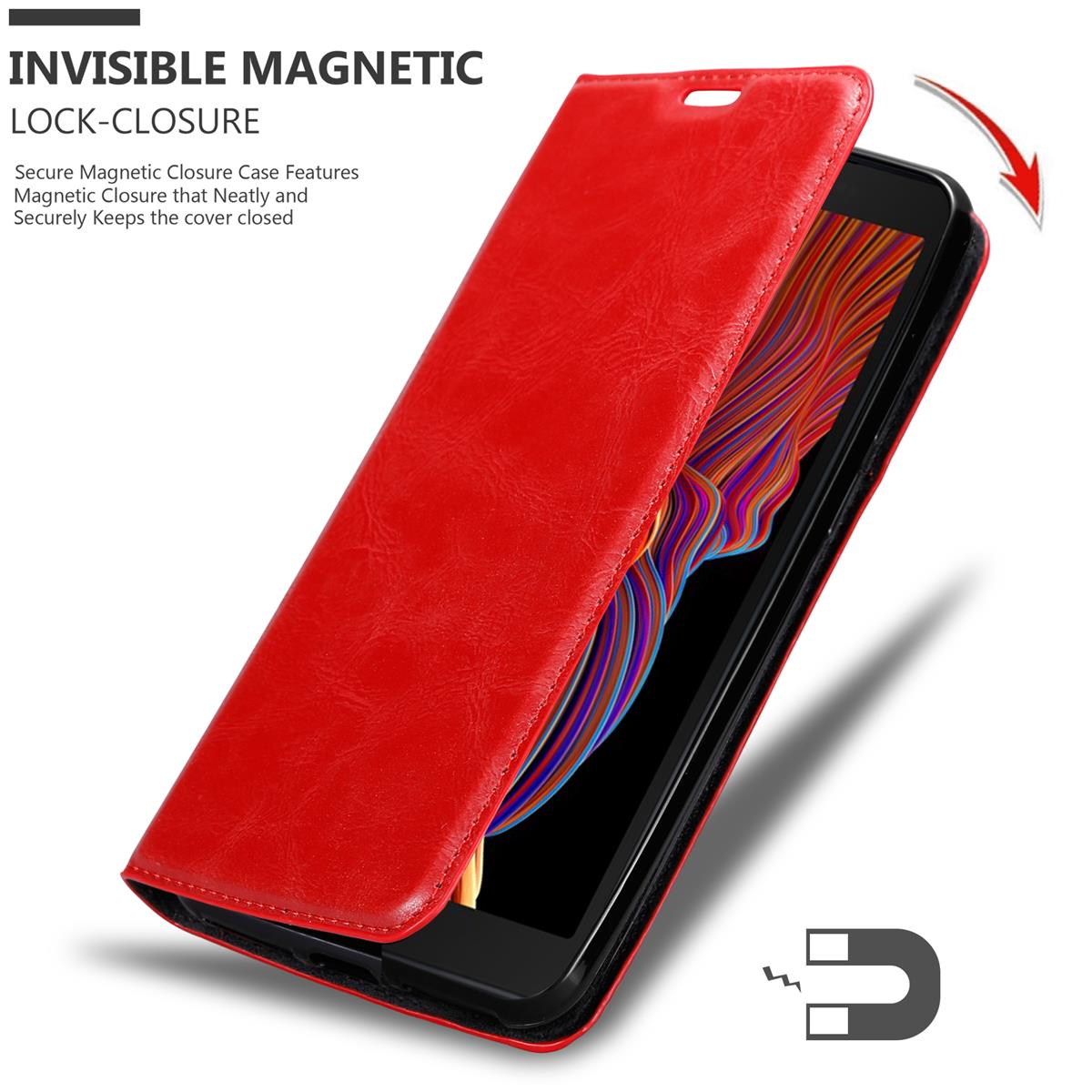 Rote Handyhülle mit Telefon darin. Die Hülle ist geschlossen, mit magnetischem Verschluss.