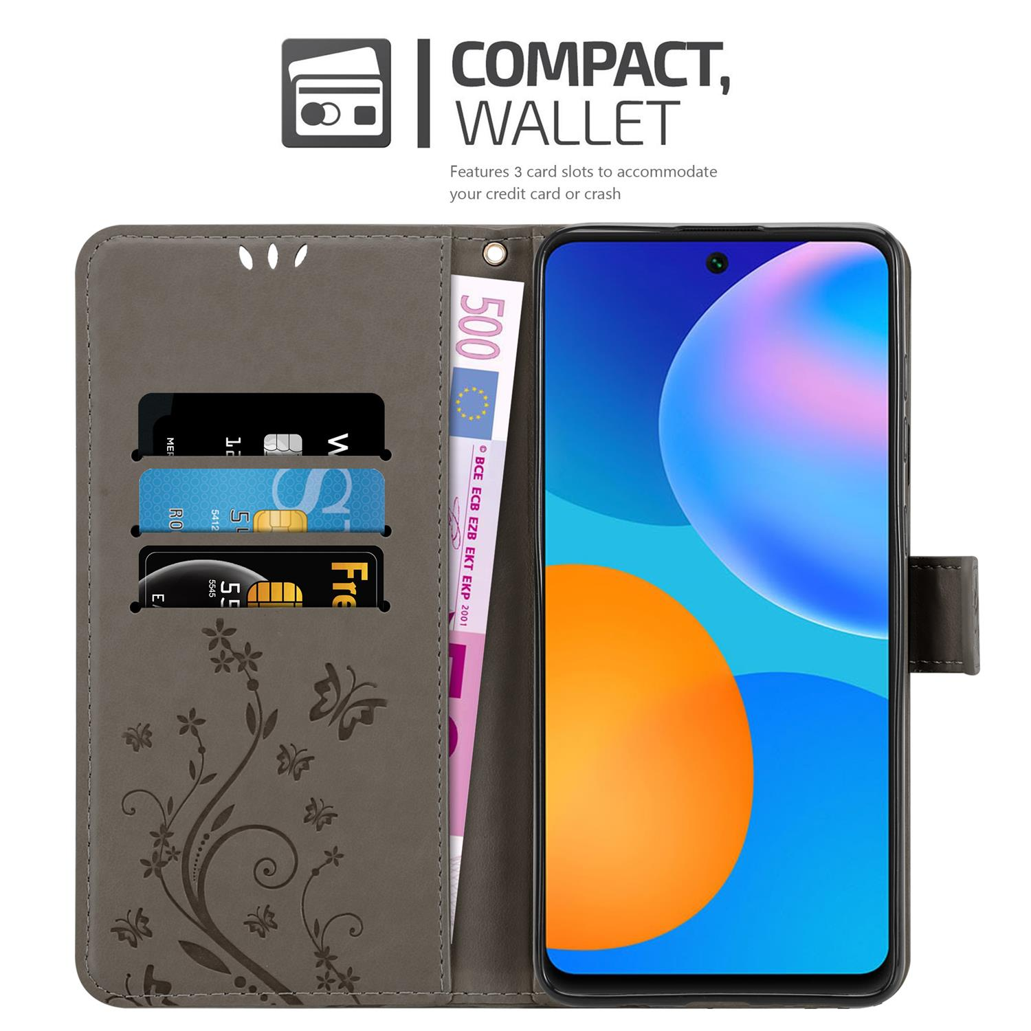 Geöffnete Geldbörsenhülle mit Telefon und Kreditkarten. Blumendesign.
