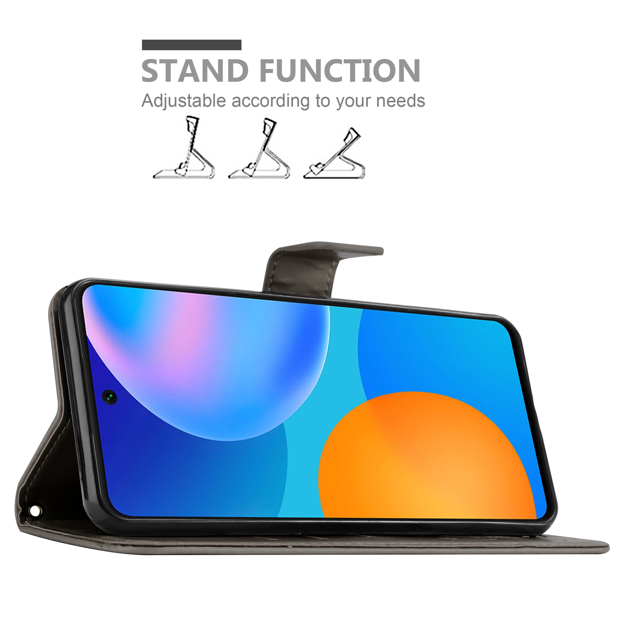 Telefon in einer Hülle, die wie ein Ständer steht. Text: Standfunktion.