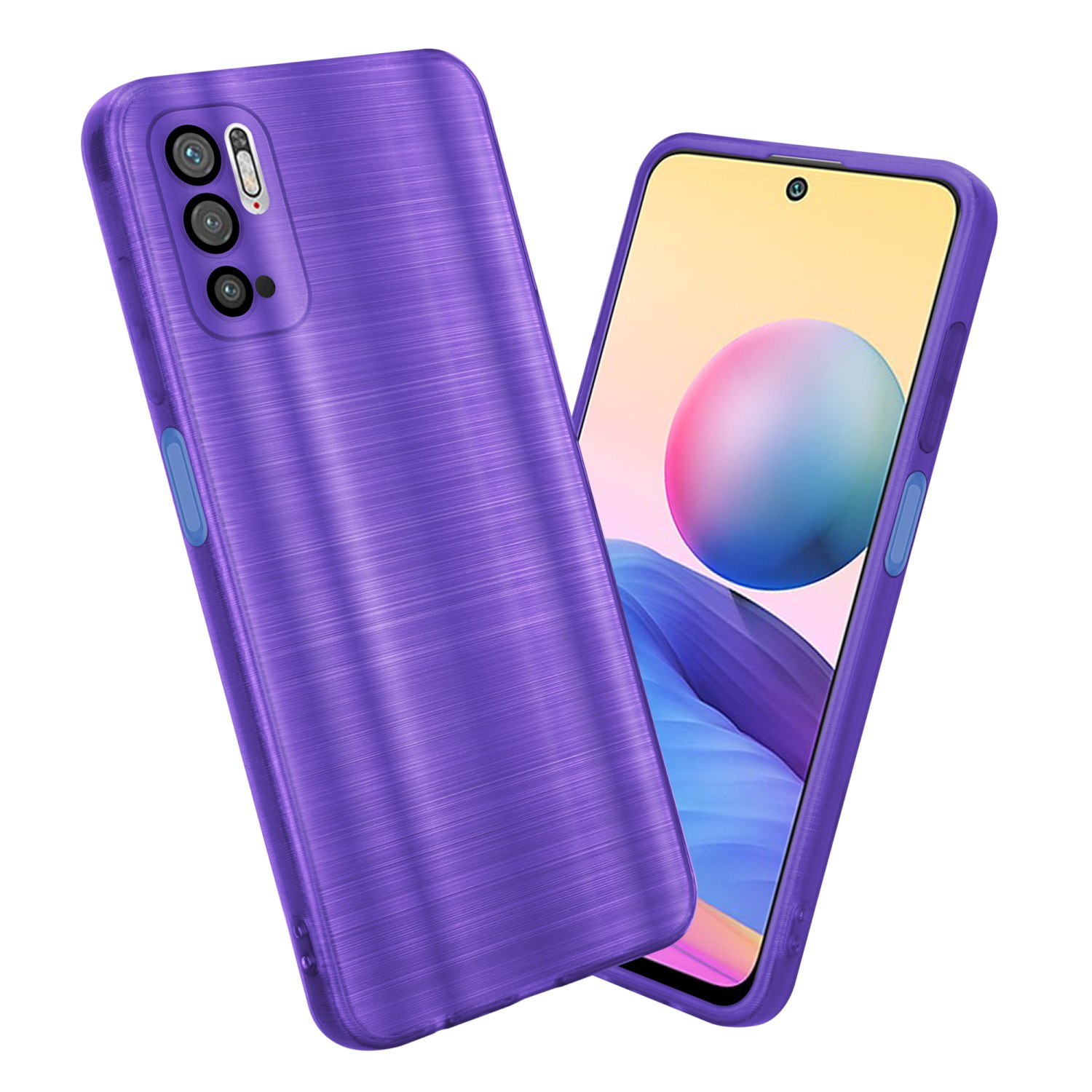 Custodia per telefono viola con texture in metallo spazzolato. La custodia è su una superficie bianca.