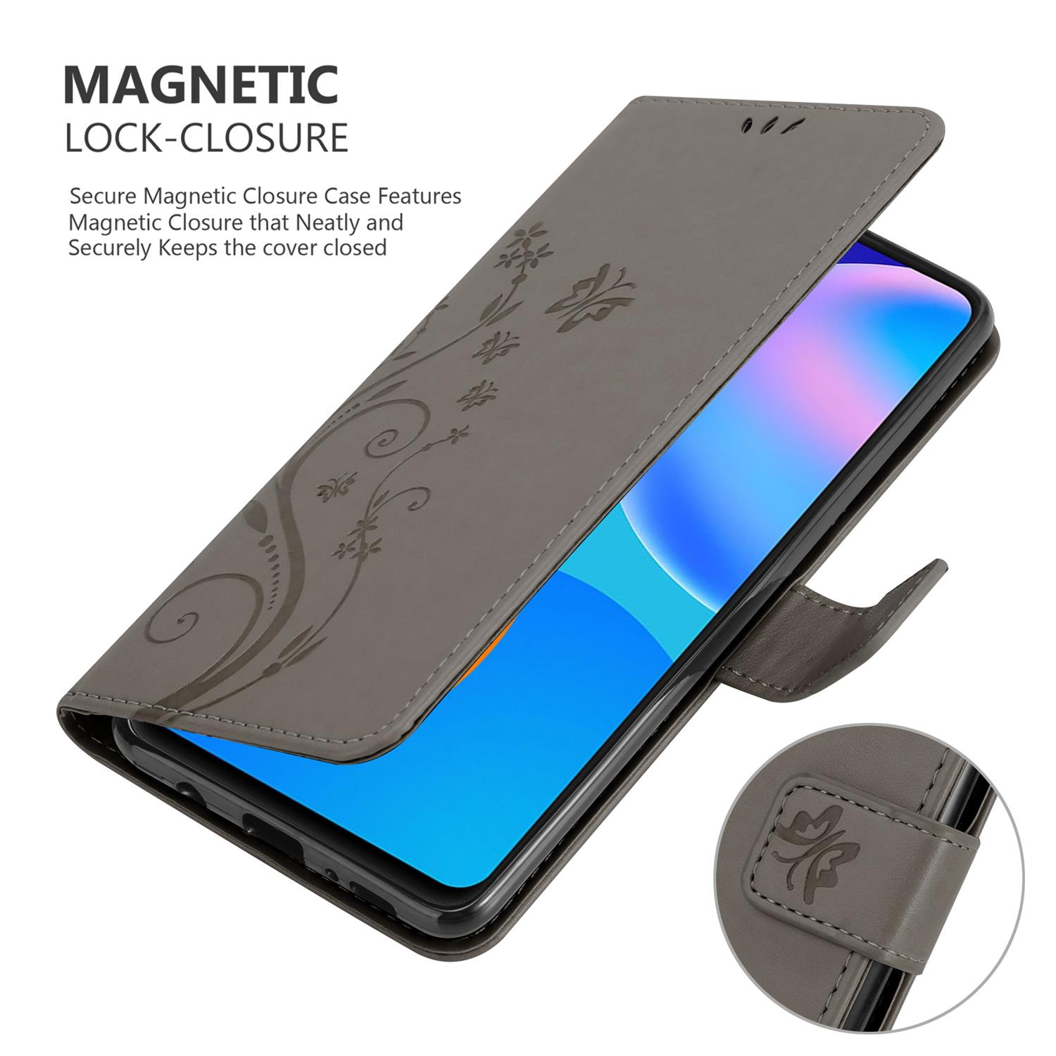 Handyhülle mit Magnetverschluss. Die Hülle hat ein Blumenmuster und eine Abdeckung.