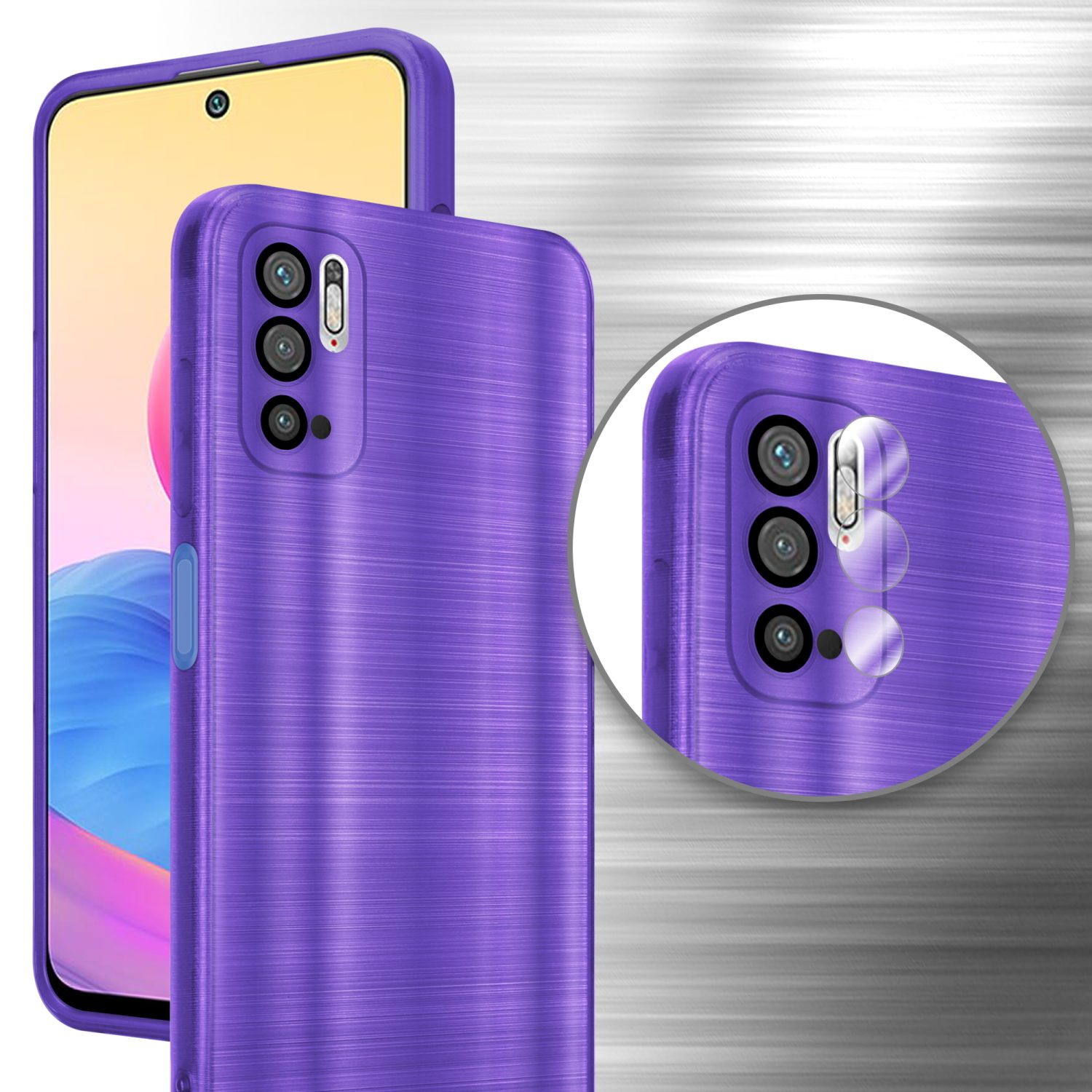 Custodia viola per telefono con un telefono all'interno. Un cerchio mostra la fotocamera.
