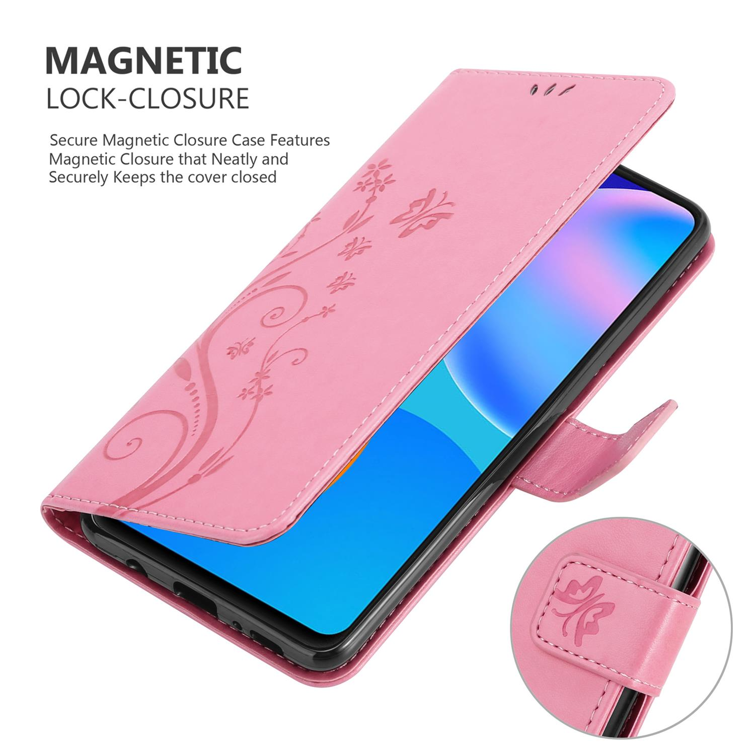 Rosa Handyhülle geöffnet mit Blumendesign. Der Telefonbildschirm wird angezeigt. Ein Magnet ist abgebildet.