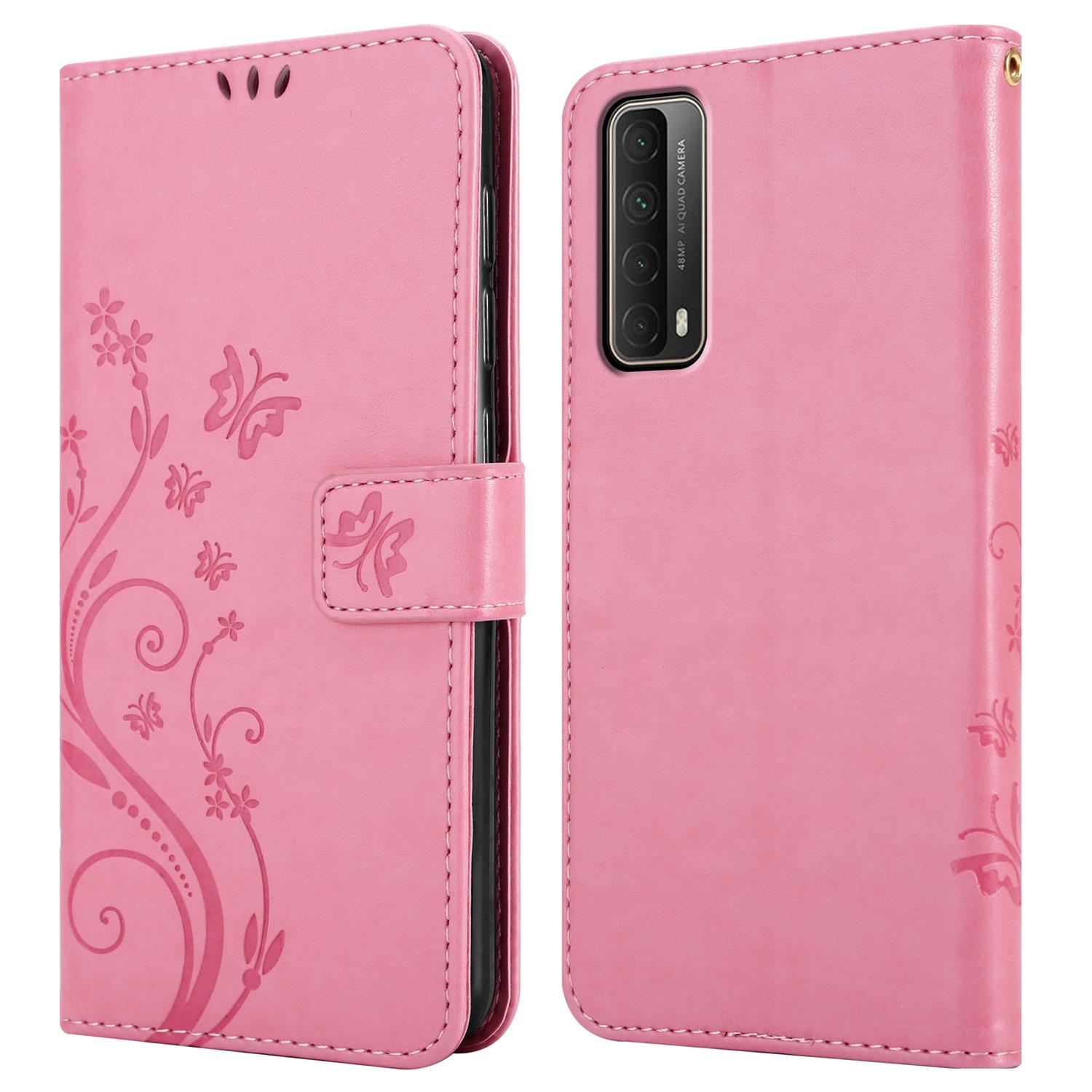 Rosa Handyhülle mit Schmetterlingsdesign, offen und geschlossen. Weißer Hintergrund.