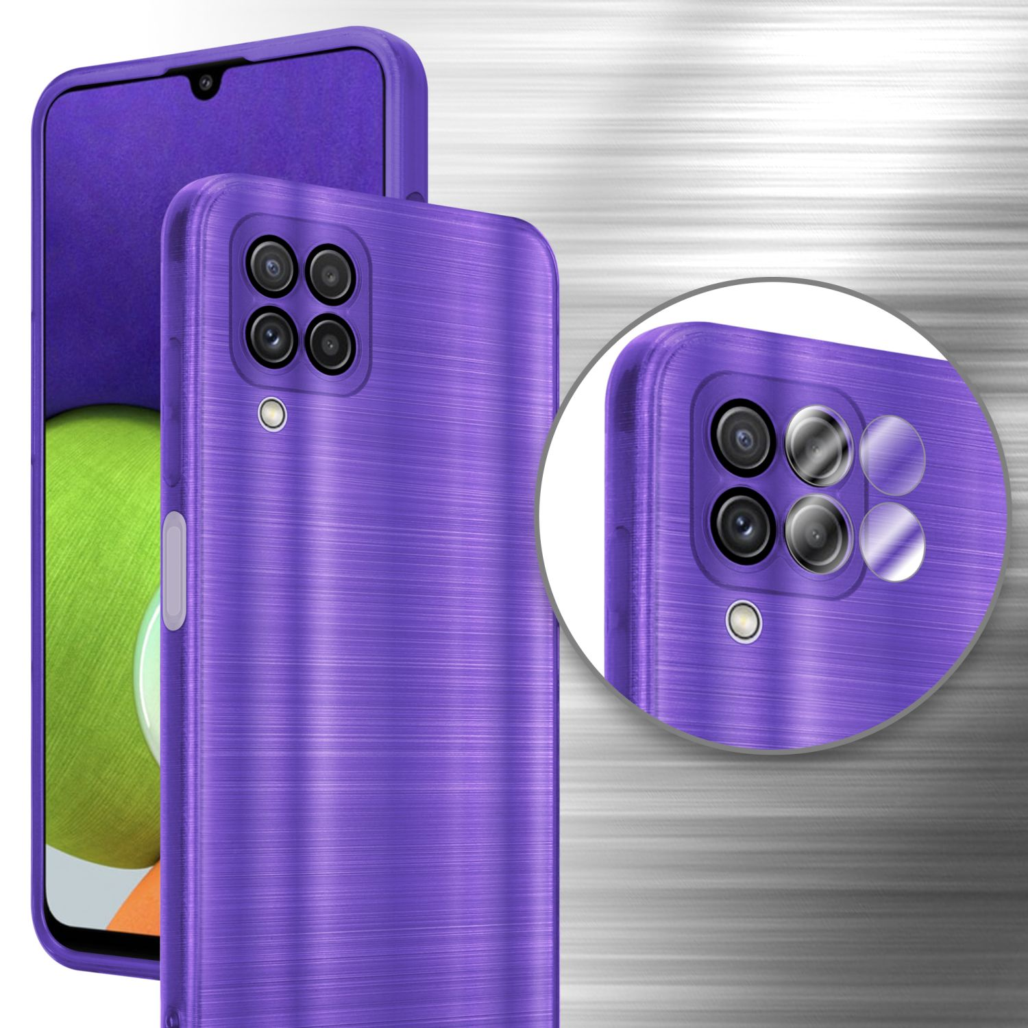 Custodie viola per telefono con aspetto metallo spazzolato. Le custodie sono mostrate, con un primo piano circolare della fotocamera.