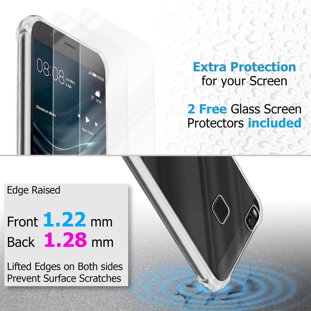 Telefono con protezione schermo, testo: Protezione extra. Custodia trasparente. Sfondo bianco.