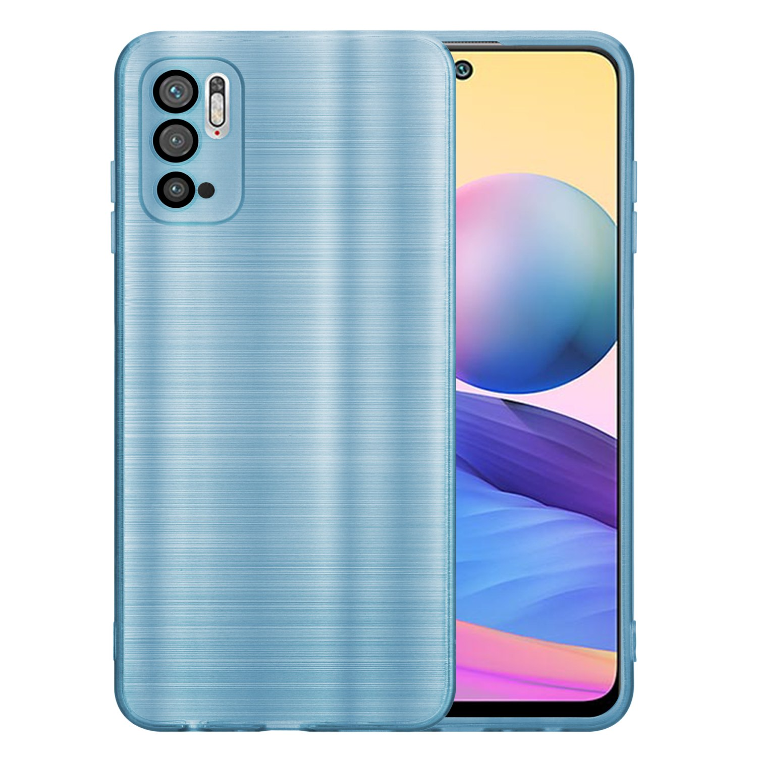 Custodia per telefono blu con tre fotocamere. La custodia è su sfondo bianco.