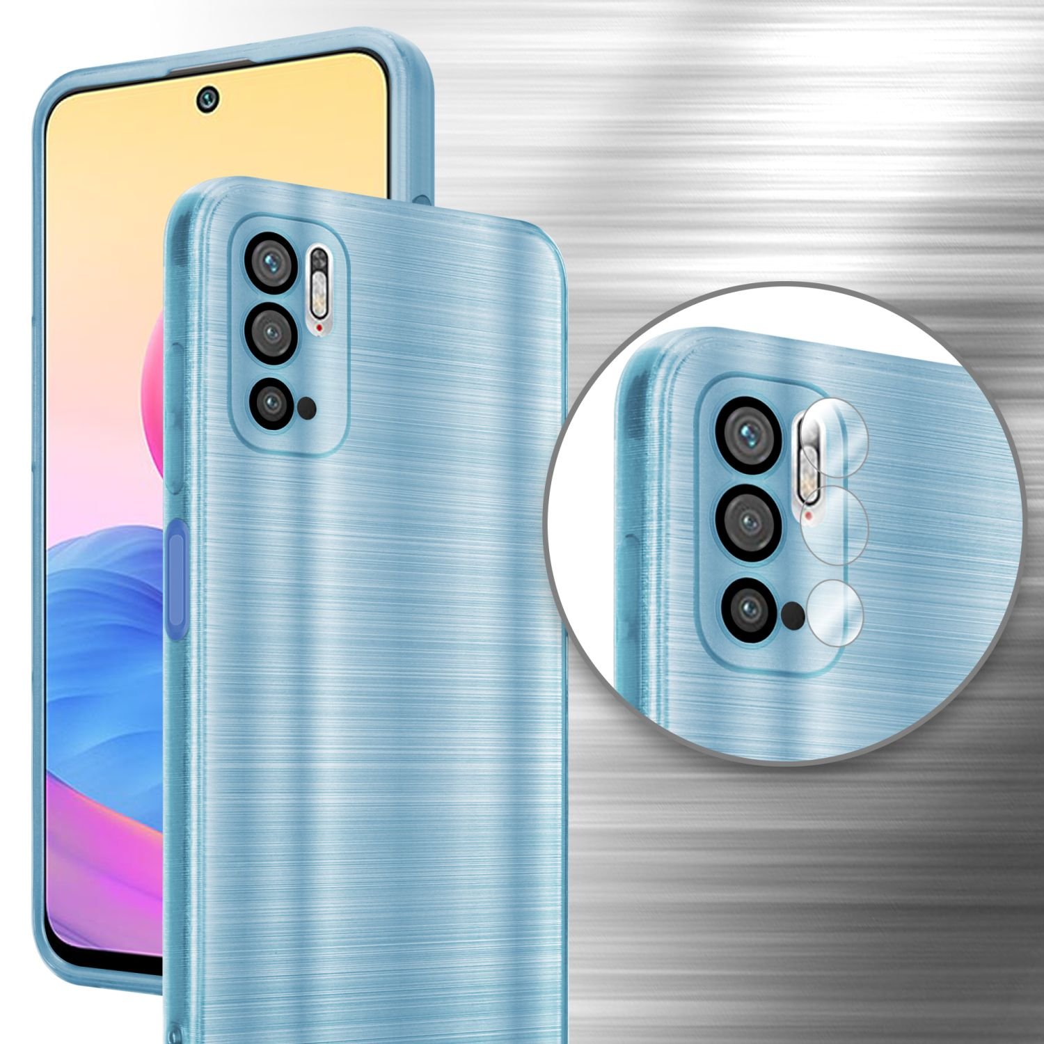 Custodia per telefono azzurra con ritagli per la fotocamera. Il telefono è all'interno della custodia. Primo piano della fotocamera della custodia.